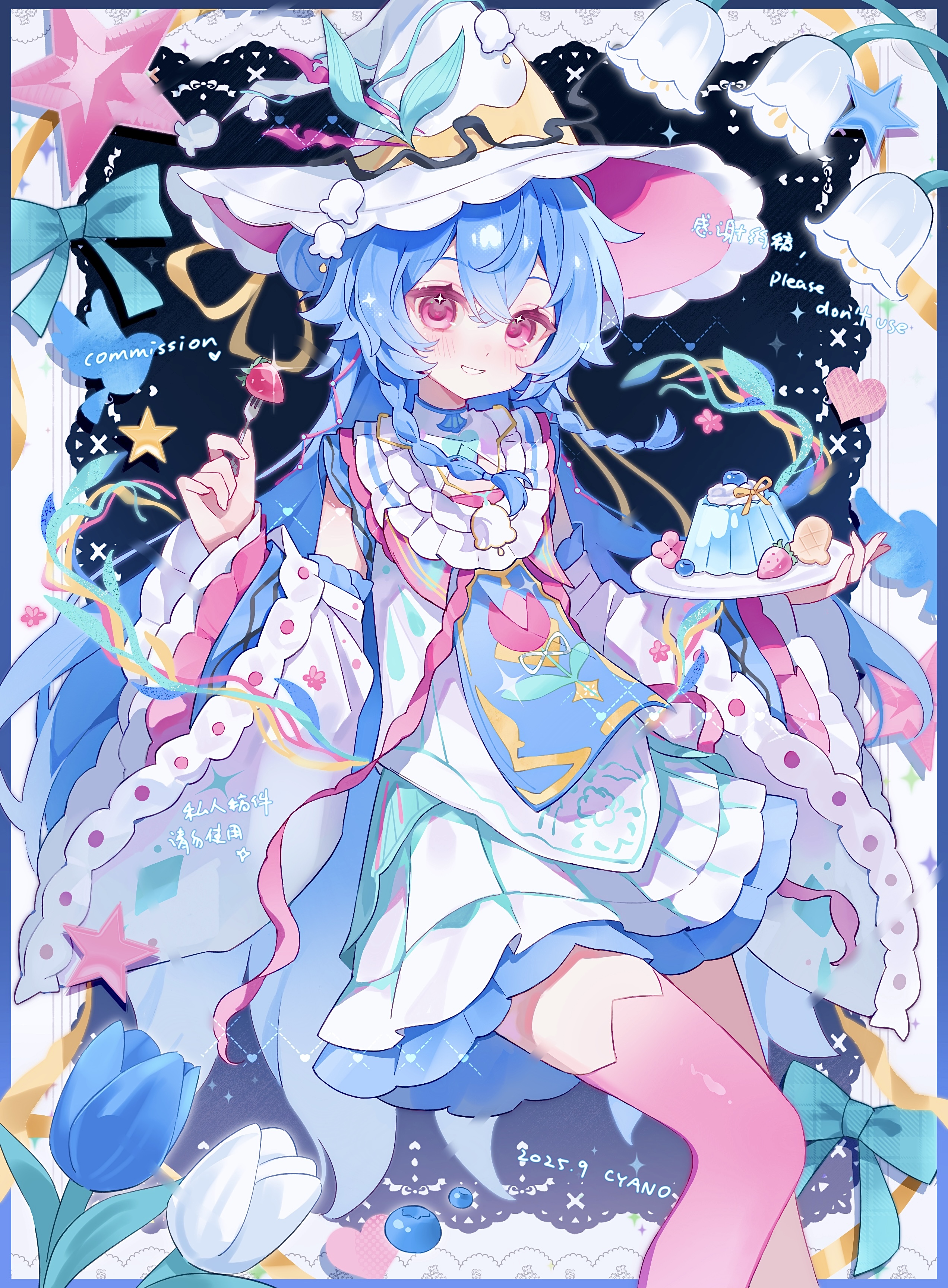 cyano, original, absurdres, commission, highres, 1girl, bare shoulders, blue dress, blue hair, blush, braid, dated, detached sleeves, double-parted bangs, dress, feet out of frame, food, frilled dress, frilled sleeves, frills, grin, hair between eyes, hat, holding, holding plate, long hair, long sleeves, looking at viewer, pink eyes, pink thighhighs, plate, pudding, signature, sleeveless, sleeveless dress, smile, solo, thighhighs, twin braids, white hat, white sleeves, wide sleeves, witch hat