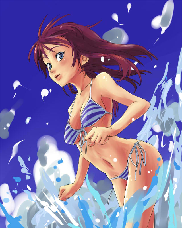 ikutaka, striped, bad id, bad pixiv id, 1girl, bikini, blue eyes, blush, breasts, brown hair, day, female focus, front-tie top, long hair, medium breasts, red hair, side-tie bikini bottom, sideboob, solo, splashing, string bikini, swimsuit, underboob, water