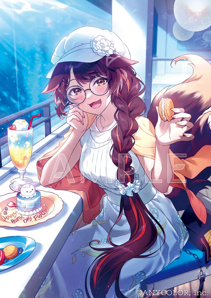 fumi (nijisanji), nijisanji, commentary request, official art, 1girl, :3, alternate costume, alternate hairstyle, animal ears, black-framed eyewear, blush, brown eyes, brown hair, cake, chair, character name, cherry, company name, cookie, copyright notice, dan mcmr, dress, drink, drinking straw, flower, food, fox ears, fox girl, fox tail, fruit, glasses, hair ornament, hair scrunchie, happy, hat, hat flower, heart, holding, holding cookie, holding food, ice cream, jacket, jacket on shoulders, jewelry, long hair, looking at viewer, macaron, multicolored hair, necklace, orange jacket, plate, print dress, red hair, round eyewear, sample watermark, scrunchie, sitting, solo, streaked hair, tail, tongue, virtual youtuber, watermark, white dress, white flower, white hat, white scrunchie