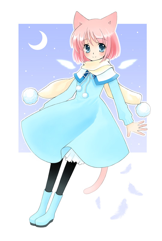 fujii chifumi, original, animal ears, blue boots, blue eyes, boots, cat ears, dress, moon, pantyhose, pink hair, scarf, solo, star (symbol)