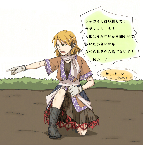 torinone, mizuhashi parsee, touhou, bad id, bad pixiv id, translation request, 1girl, blonde hair, female focus, full body, gloves, green eyes, outdoors, plant, scarf, short hair, sky, solo