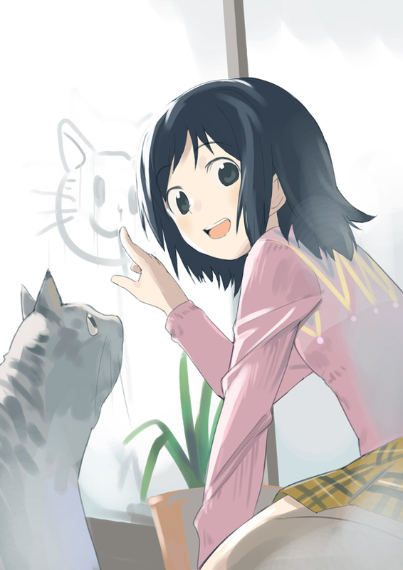 watarai, watarai keiji, original, 1girl, animal, black hair, cat, condensation, female focus, from behind, glass writing, green eyes, looking at viewer, looking back, plant, potted plant, short hair, simple background, solo, white background, window fog