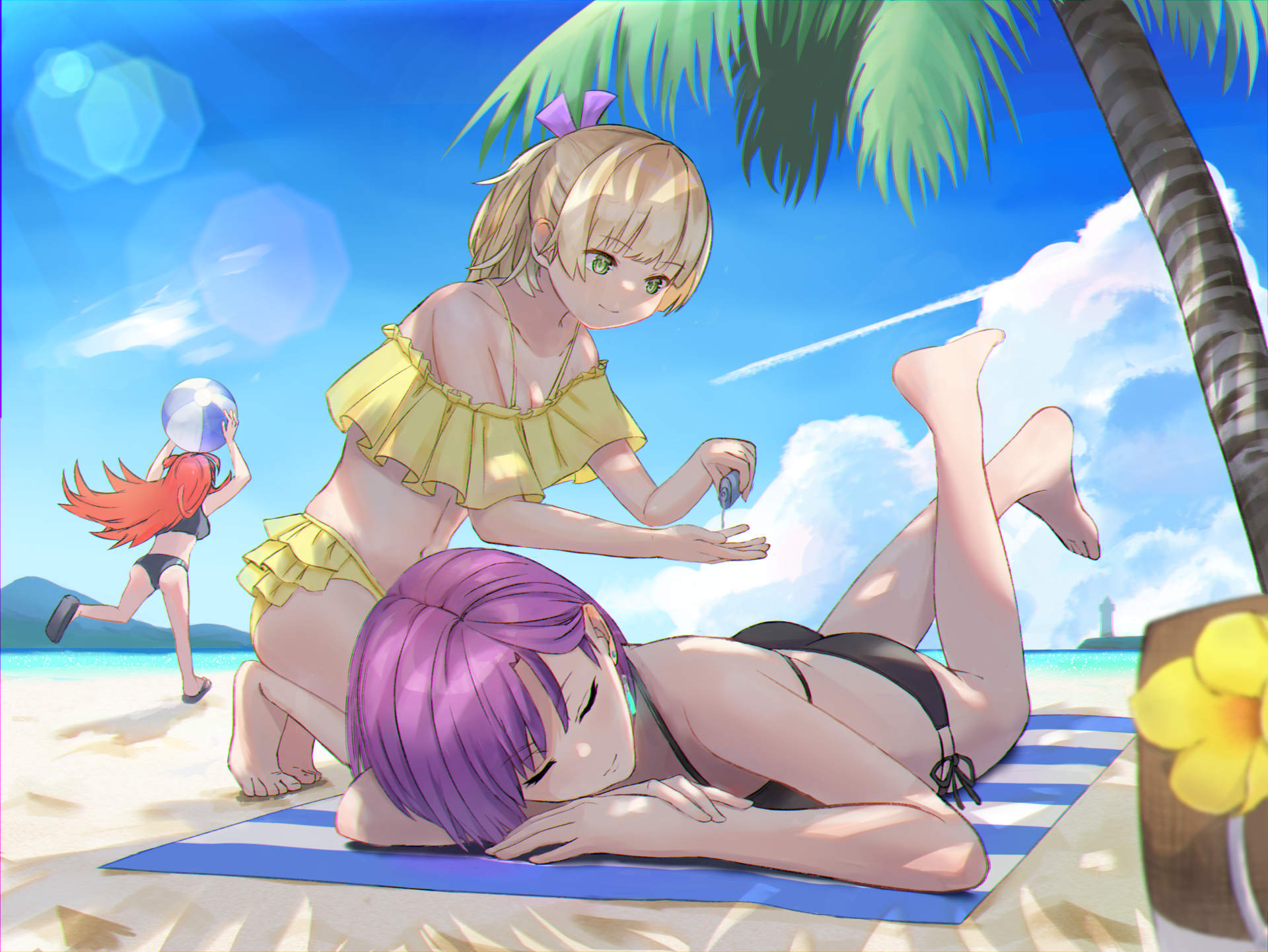 asami makiko (heaven burns red), nanase nanami (heaven burns red), tezuka saki, heaven burns red, highres, 3girls, arms up, ass, ball, bare legs, bare shoulders, barefoot, beach, beach mat, beach towel, beachball, bikini, black bikini, blonde hair, blue sky, breasts, cleavage, closed eyes, closed mouth, cloud, collarbone, cooler, day, earrings, feet, flower, frilled bikini, frills, green eyes, hair ribbon, holding, holding ball, holding beachball, jewelry, kneeling, lighthouse, long hair, lotion, lotion bottle, lying, medium breasts, multiple girls, navel, null1000 4869, ocean, off-shoulder bikini, off shoulder, on stomach, orange hair, outdoors, palm leaf, palm tree, ponytail, purple hair, red hair, ribbon, sand, sandals, shell, short hair, side-tie bikini bottom, sky, sleeping, smile, soles, summer, sunscreen, swimsuit, the pose, toes, towel, tree, yellow bikini, yellow flower