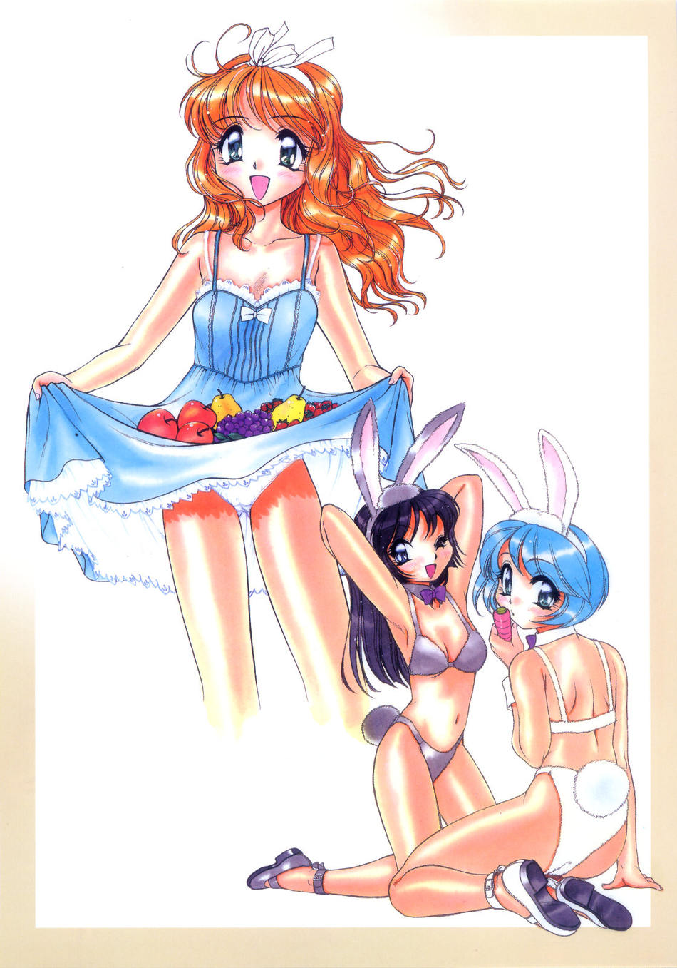 bunny girl, highres, animal ears, black hair, blue eyes, blue hair, bra, breasts, carrot, cleavage, clothes lift, food, fruit, high heels, lingerie, long hair, one eye closed, orange hair, panties, rabbit ears, rabbit tail, shoes, short hair, skirt, skirt lift, tail, underwear, wink