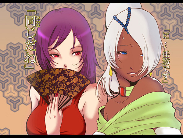 okazuwa shake, laura rolla, loran cehack, tieria erde, gundam, gundam 00, turn a gundam, translation request, 00s, 2boys, bare shoulders, blue eyes, blush, collar, crossdressing, crossdressing (mtf), dark-skinned male, dark skin, dress, earrings, hair up, hand fan, jewelry, letterboxed, long hair, male focus, multiple boys, nail polish, necklace, purple hair, red eyes, red nails, sweatdrop, trap, white hair