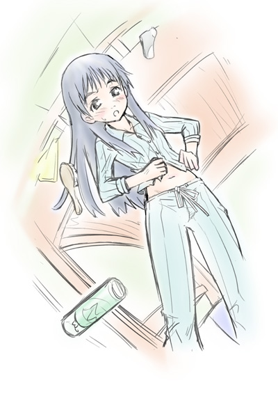teri terio, ninamori eri, flcl, 00s, 1girl, bed, black eyes, black hair, blush, can, female focus, hair brush, long hair, midriff, navel, pajamas, shirt tug, sleeves rolled up, solo