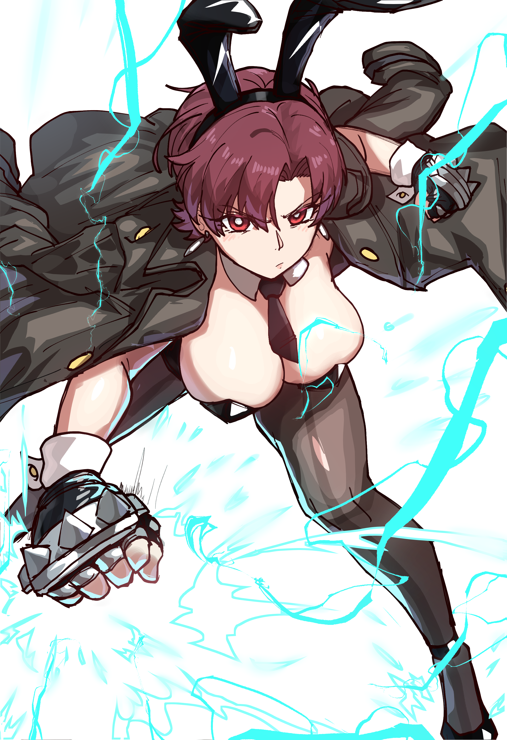 ebora, bazett fraga mcremitz, fate/hollow ataraxia, fate (series), absurdres, highres, 1girl, animal ear hairband, animal ears, black coat, black gloves, black leotard, breasts, brown pantyhose, cleavage, coat, coat on shoulders, detached collar, earrings, electricity, fake animal ears, fingerless gloves, gloves, hairband, jewelry, large breasts, leotard, looking at viewer, necktie, pantyhose, parted bangs, playboy bunny, rabbit ear hairband, rabbit ears, red eyes, red hair, short hair, solo, spiked knuckles, thighs, wrist cuffs