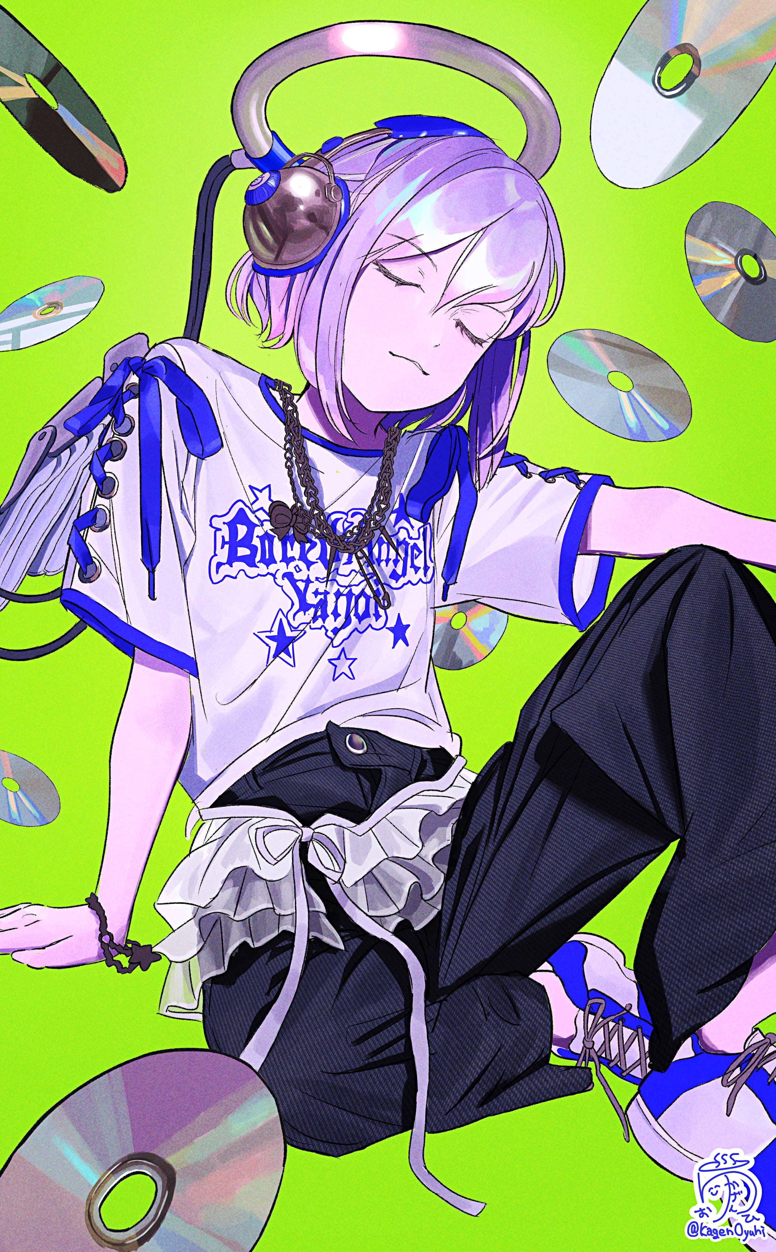 kagenoyuhi, original, absurdres, highres, 1girl, angel, black pants, bracelet, cable, cd, closed eyes, closed mouth, clothes writing, cross-laced clothes, cross-laced sleeves, green background, halo, headphones, jewelry, knee up, mechanical halo, mechanical wings, necklace, pants, puffy short sleeves, puffy sleeves, shirt, shoes, short sleeves, signature, sitting, sneakers, solo, white shirt, wings