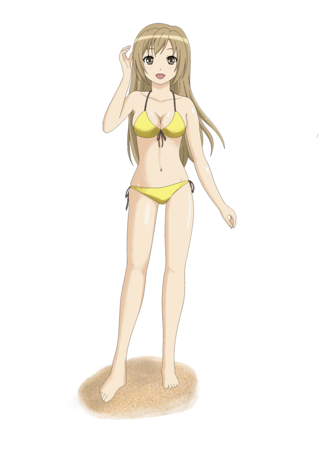 kame (pixiv183846), minami haruka, minami-ke, bad id, bad pixiv id, 00s, 1girl, barefoot, bikini, breasts, brown eyes, brown hair, cleavage, female focus, front-tie top, long hair, medium breasts, open mouth, side-tie bikini bottom, smile, solo, string bikini, swimsuit, yellow bikini