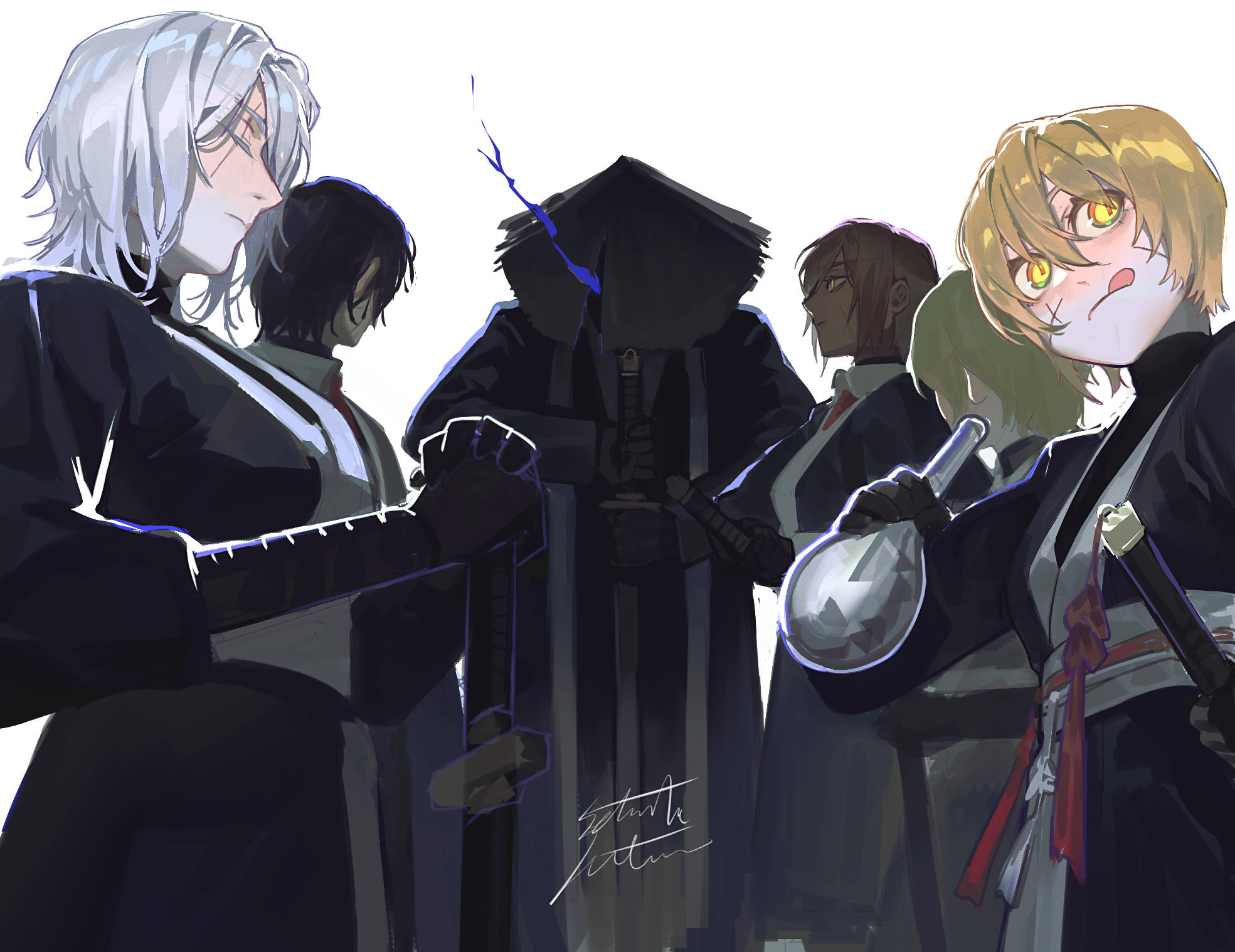 satome setsuko, don quixote (project moon), faust (project moon), meursault (project moon), outis (project moon), sinclair (project moon), yi sang (project moon), limbus company, project moon, highres, 3boys, 3girls, bamboo-hatted kim, black coat, black gloves, black hair, black kimono, black suit, blade lineage (identity) (project moon), blonde hair, blue eyes, bottle, brown hair, closed eyes, closed mouth, coat, eye trail, formal clothes, from side, gloves, glowing, glowing eye, hand wraps, hat, holding, holding bottle, holding sword, holding weapon, japanese clothes, katana, kimono, light trail, long sleeves, looking at another, looking to the side, multicolored coat, multiple boys, multiple girls, necktie, open clothes, open kimono, pants, red necktie, red rope, rope, scar, scar across eye, scar on face, sheath, shirt, short hair, signature, standing, suit, sun hat, sword, tongue, tongue out, unsheathing, weapon, white background, white coat, white hair, white shirt, yellow eyes