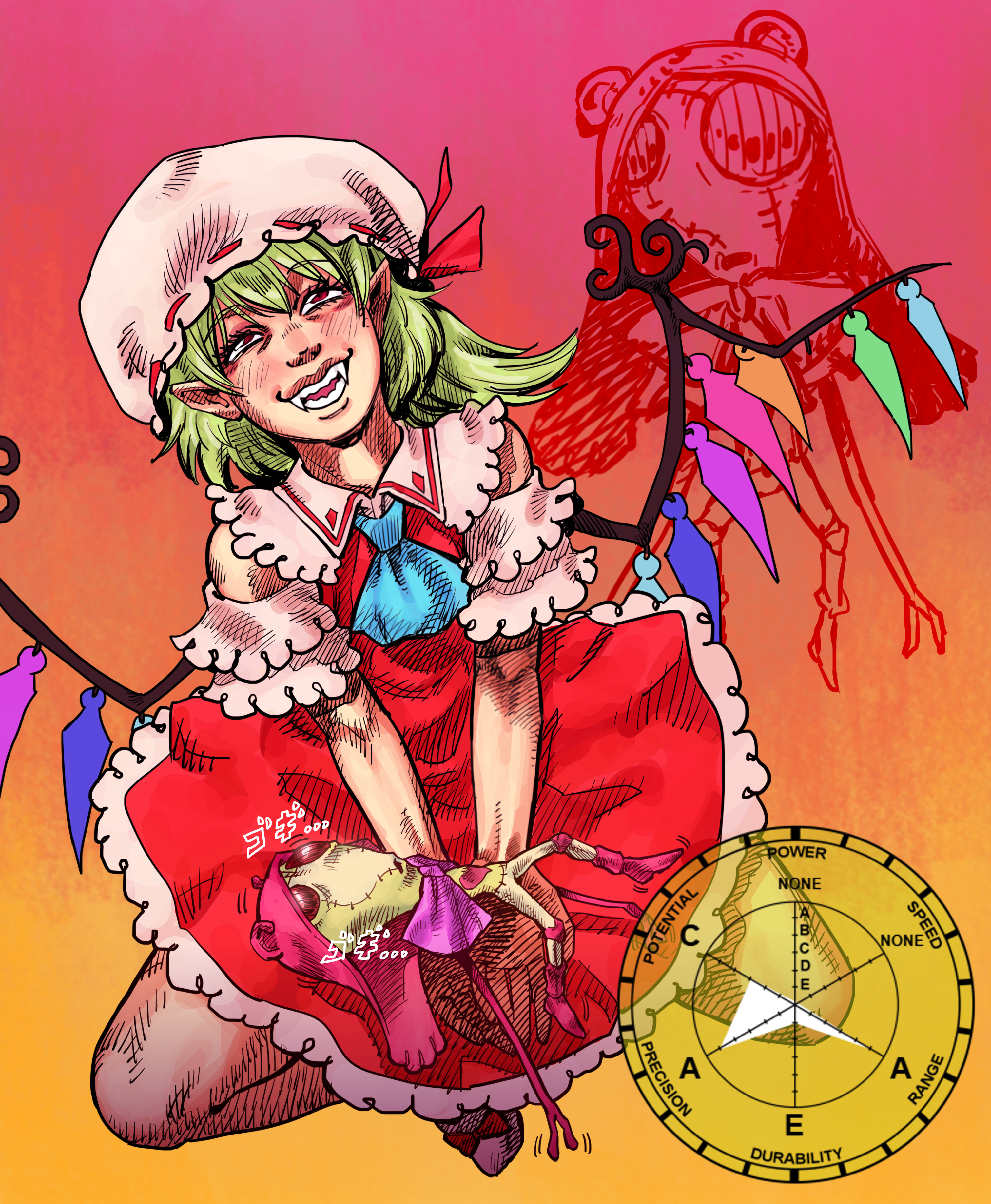 eddybird55555, flandre scarlet, jojo no kimyou na bouken, touhou, absurdres, highres, 1girl, 1other, araki hirohiko (style), ascot, blonde hair, blue ascot, crystal wings, doll, dress, evil smile, fangs, frills, full body, gradient background, hat, hat ribbon, holding, holding doll, mob cap, orange background, parody, pointy ears, red dress, red hair, red ribbon, ribbon, side ponytail, simple background, smile, stand (jojo), style parody, vampire, wings
