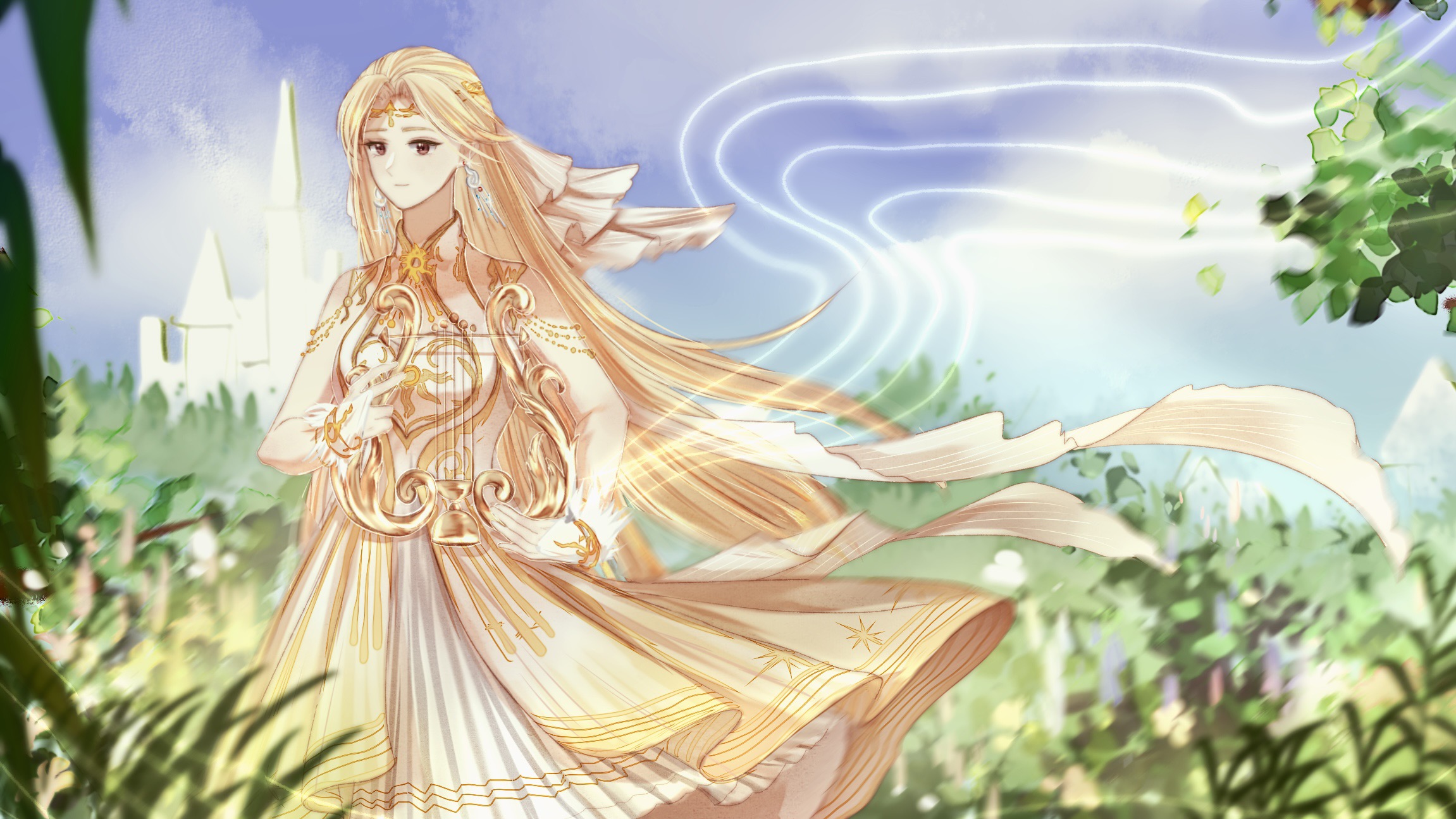 infinity nikki, nikki (series), chinese commentary, commentary request, highres, 1girl, bare shoulders, blonde hair, blue sky, brown eyes, circlet, cloud, collared dress, cowboy shot, day, dress, earrings, feather wrist cuffs, field, floating clothes, floating hair, gold circlet, golden buds (infinity nikki), haiyang liuhuo, holding, holding instrument, instrument, jewelry, layered dress, leaf, long hair, looking ahead, lyre, medium dress, mountain, music, musical staff, outdoors, playing instrument, pleated dress, print dress, sky, sleeveless, sleeveless dress, solo, star (symbol), star print, straight hair, veil, very long hair, white dress, white veil, white wrist cuffs, wind, wrist cuffs, yellow dress