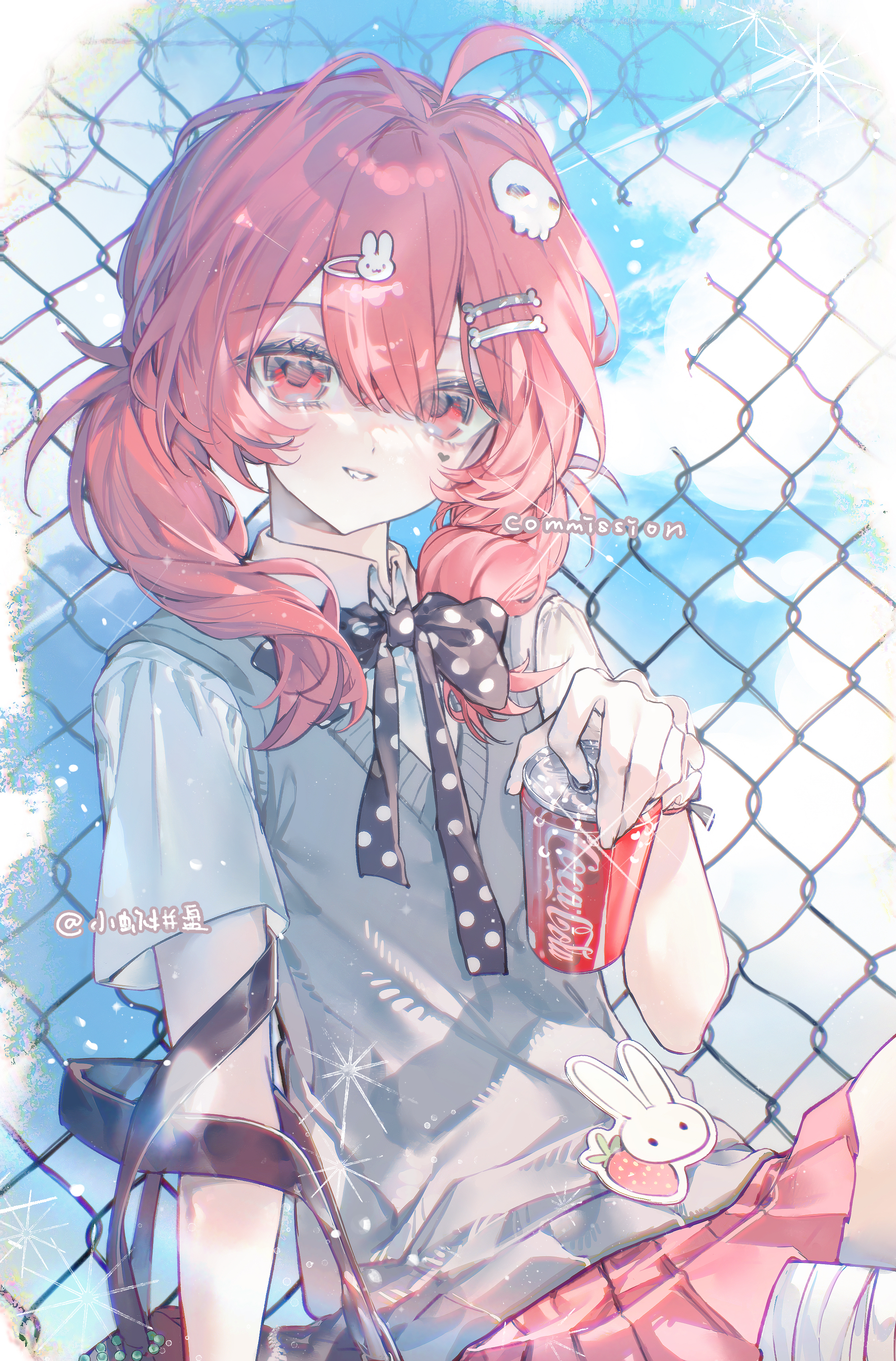 original, absurdres, commission, highres, 1girl, ahoge, black bow, black bowtie, bone hair ornament, bow, bowtie, can, chain-link fence, collared shirt, cowboy shot, day, drink can, fence, grey sweater vest, grin, hair between eyes, hair ornament, holding, holding can, long hair, looking at viewer, outdoors, pleated skirt, polka dot, polka dot bow, polka dot bowtie, rabbit hair ornament, red eyes, red hair, red skirt, shirt, short sleeves, skirt, smile, soda can, solo, sweater vest, white shirt, xiao xia pin pan