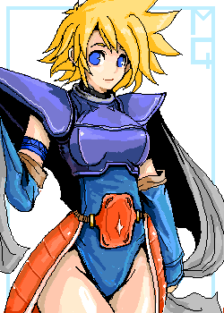 faye, final fantasy, final fantasy mystic quest, lowres, non-web source, 1girl, armor, blonde hair, blue eyes, breasts, cape, female focus, oekaki, short hair, solo