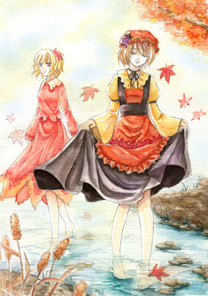 kannagara kanagi, aki minoriko, aki shizuha, touhou, bad id, bad pixiv id, painting (medium), traditional media, watercolor (medium), 2girls, autumn, barefoot, female focus, hair ornament, leaf, leaf hair ornament, multiple girls, siblings, sisters, skirt hold