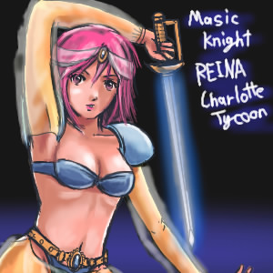 mirai (sugar), lenna charlotte tycoon, mystic knight, final fantasy, final fantasy v, lowres, 1990s (style), 1girl, armor, bikini, bikini armor, character name, female focus, oekaki, pink eyes, pink hair, retro artstyle, short hair, solo, swimsuit, sword, weapon
