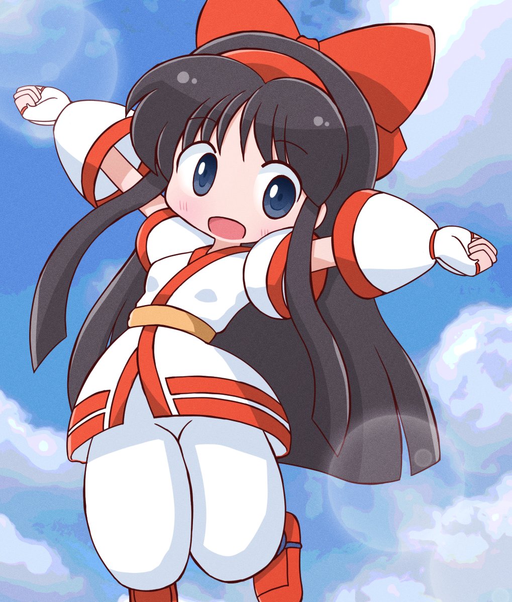 nakoruru, samurai spirits, snk, the king of fighters, highres, 1girl, ainu clothes, black hair, blue eyes, clenched hands, fingerless gloves, gloves, hair ribbon, jumping, legs, long hair, looking at viewer, open mouth, pants, ribbon, smile, solo, thighs, tongue