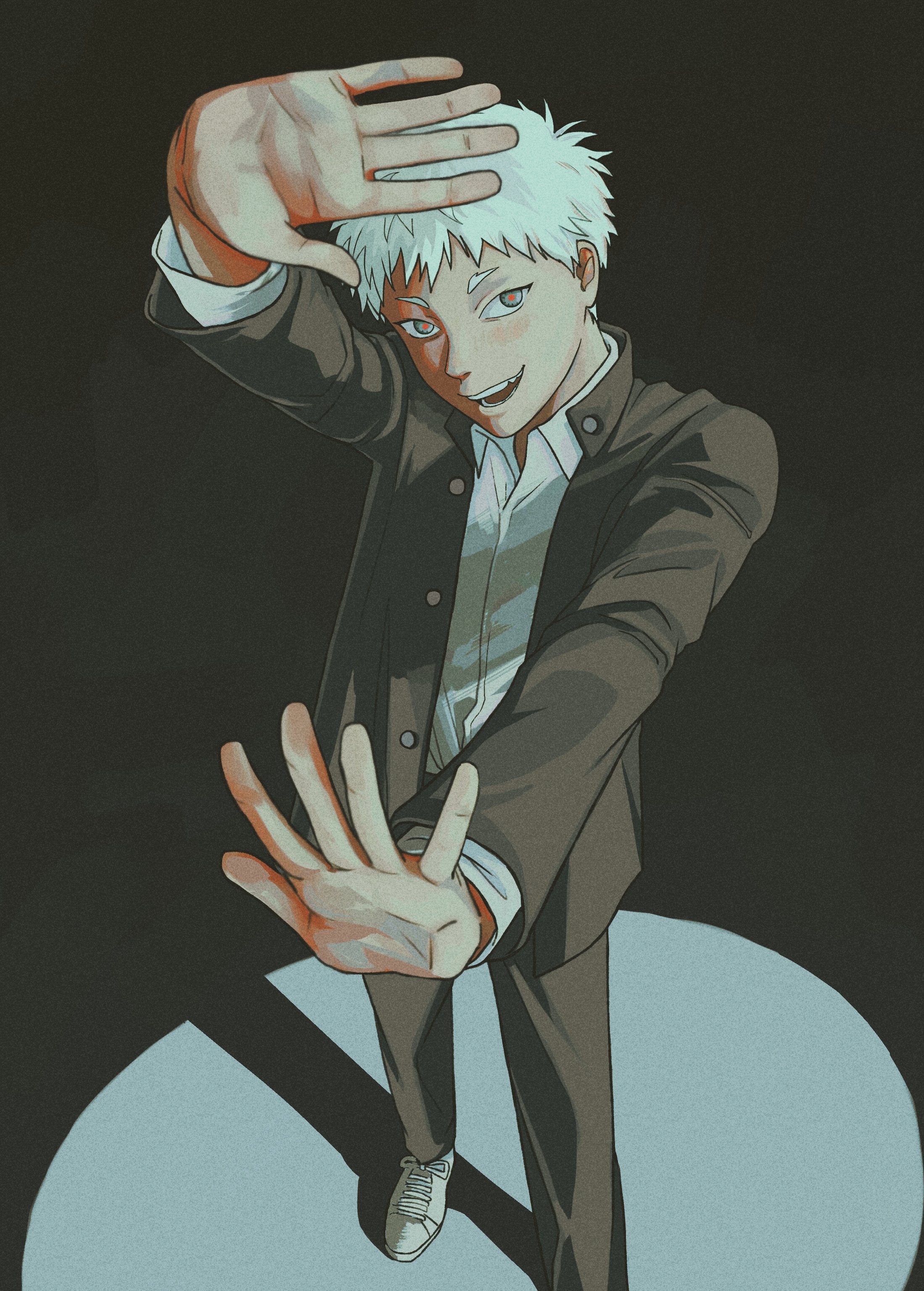 florbetriz, indou hikaru, hikaru ga shinda natsu, absurdres, highres, 1boy, black pants, buttons, collared shirt, feet out of frame, full body, gakuran, long sleeves, looking at viewer, male focus, palms, pants, school uniform, shirt, shoes, short hair, smile, solo, standing, teeth, white hair, white shirt, white shoes