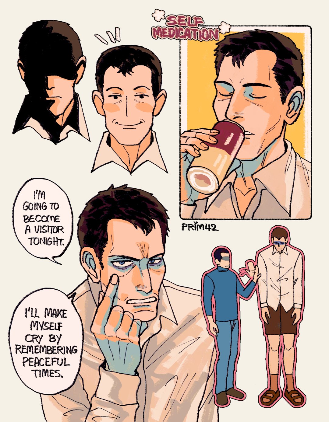 primfourtwo, protagonist (no i'm not a human), tall guy (no i'm not a human), no i'm not a human, highres, 2boys, black hair, blue eyes, blue sweater, brown hair, brown shorts, brown socks, collared shirt, drinking, english text, height difference, male focus, multiple boys, patting, sad, shaded face, shirt, short hair, shorts, smile, socks, speech bubble, sweater, turtleneck, turtleneck sweater, white shirt