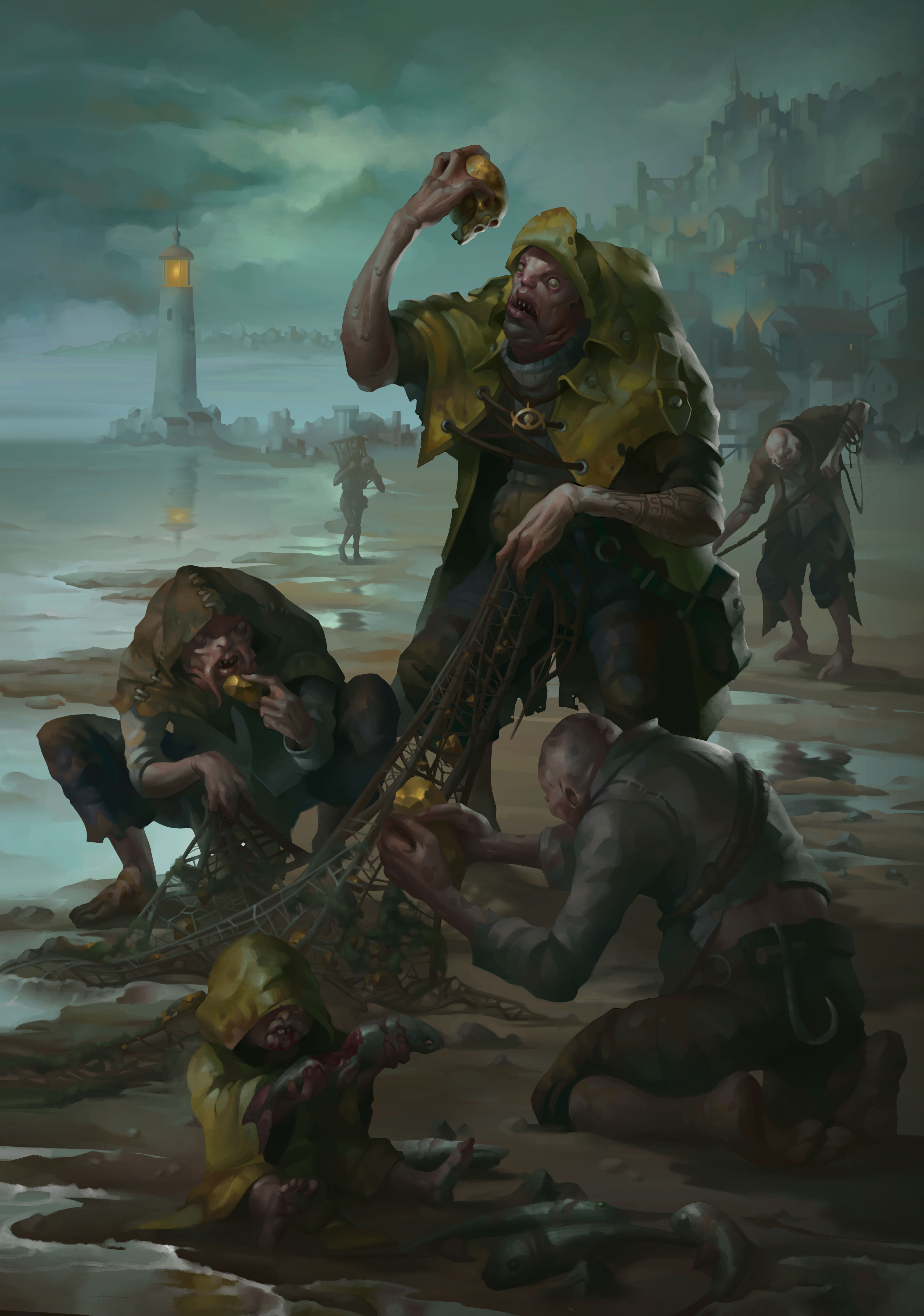 alexeykruglov, deep one, cthulhu mythos, the shadow over innsmouth, absurdres, highres, 6+boys, beach, building, city, eating, fish boy, holding, holding skull, lighthouse, multiple boys, net, night, night sky, puddle, shore, skull, sky, tower, village, water