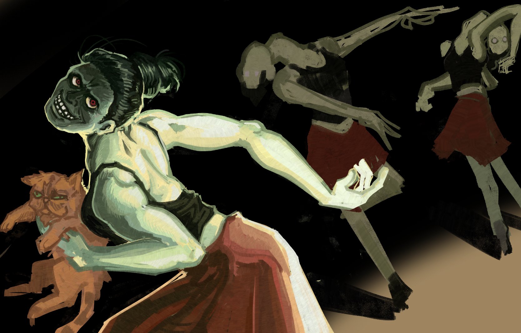 myxineye, cat (no i'm not a human), cat lady (no i'm not a human), no i'm not a human, highres, unfinished, 1girl, animal, ballerina, black hair, black tank top, body horror, cat, grin, holding, holding animal, horror (theme), looking at viewer, muscular, muscular female, red eyes, red skirt, short hair, skirt, smile, tank top, teeth