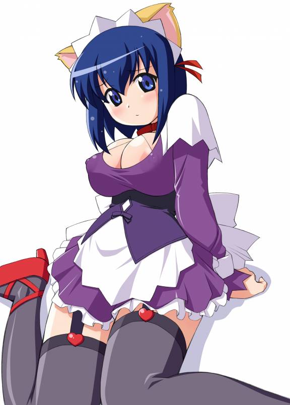 kokubunji koyori, nurse witch komugi-chan, black legwear, 00s, animal ears, blue eyes, blue hair, blush, breasts, cleavage, garter straps, hair ornament, maid, raccoon ears, short hair, thighhighs
