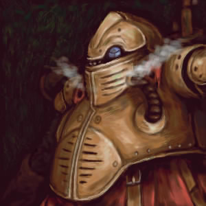kara (color), robo (chrono trigger), chrono (series), chrono trigger, lowres, 1990s (style), 1boy, armor, machinery, male focus, smoke, solo, steam, upper body