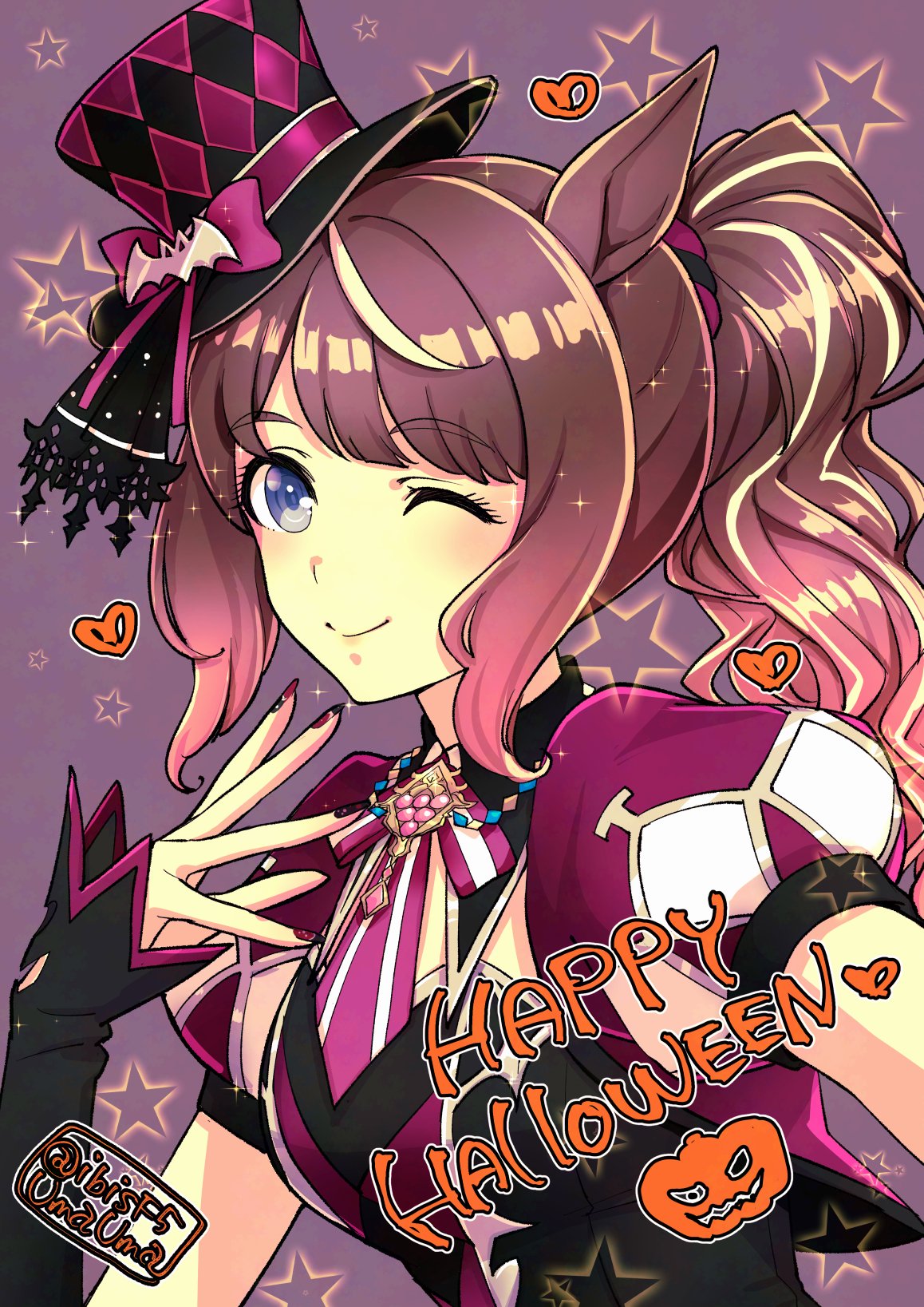 hi (ibisf5umauma), tosen jordan (umamusume), umamusume, highres, 1girl, animal ears, bat hat ornament, black shirt, blue eyes, blush, breasts, brown hair, closed mouth, english text, hair ornament, hair scrunchie, halloween, halloween costume, hat, hat ornament, heart, horse ears, horse girl, jack-o'-lantern, long hair, looking at viewer, necktie, official alternate costume, one eye closed, ponytail, puffy short sleeves, puffy sleeves, pumpkin, purple nails, purple shirt, scrunchie, shirt, short necktie, short sleeves, smile, solo, star (symbol), top hat, tosen jordan (highkey hallowed) (umamusume), upper body