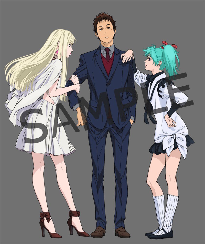 onda naoyuki, gigi andalusia, hathaway noa, quess paraya, gundam, gundam hathaway's flash, commentary request, official art, 1boy, 2girls, blonde hair, blue eyes, blue hair, brown hair, capelet, closed mouth, dress, earrings, formal clothes, full body, high heels, jewelry, long hair, looking at viewer, multiple girls, nail polish, sample watermark, simple background, skirt, suit, triangle earrings, twintails, watermark, white dress
