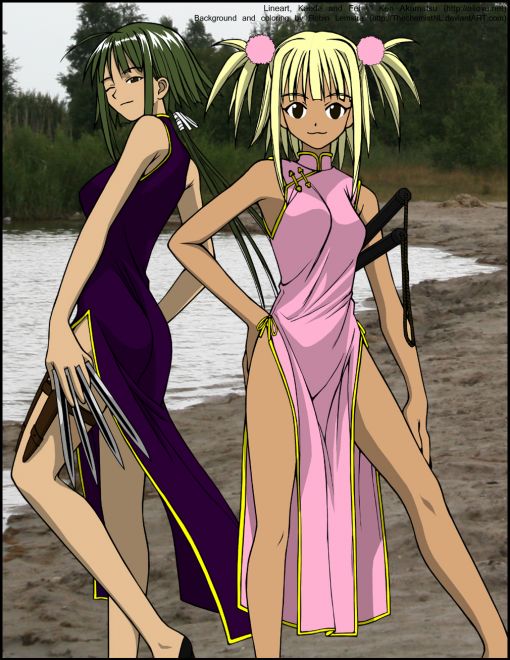kufei, nagase kaede, mahou sensei negima!, hand on leg, 00s, 2girls, ahoge, armpits, ass, bare arms, bare legs, beach, blonde hair, breasts, carrying, carrying under arm, china dress, chinese clothes, dark-skinned female, dark skin, dress, green hair, hair ribbon, hair tie, hand on own hip, hand on own leg, happy, holding, holding weapon, holster, knife, knife sheath, legs, long hair, looking at viewer, multiple girls, ninja, nunchucks, one eye closed, outdoors, pelvic curtain, pink dress, ponytail, purple dress, ribbon, sand, shoes, sky, smile, standing, string, throwing knife, tree, twintails, very long hair, water, weapon, wink