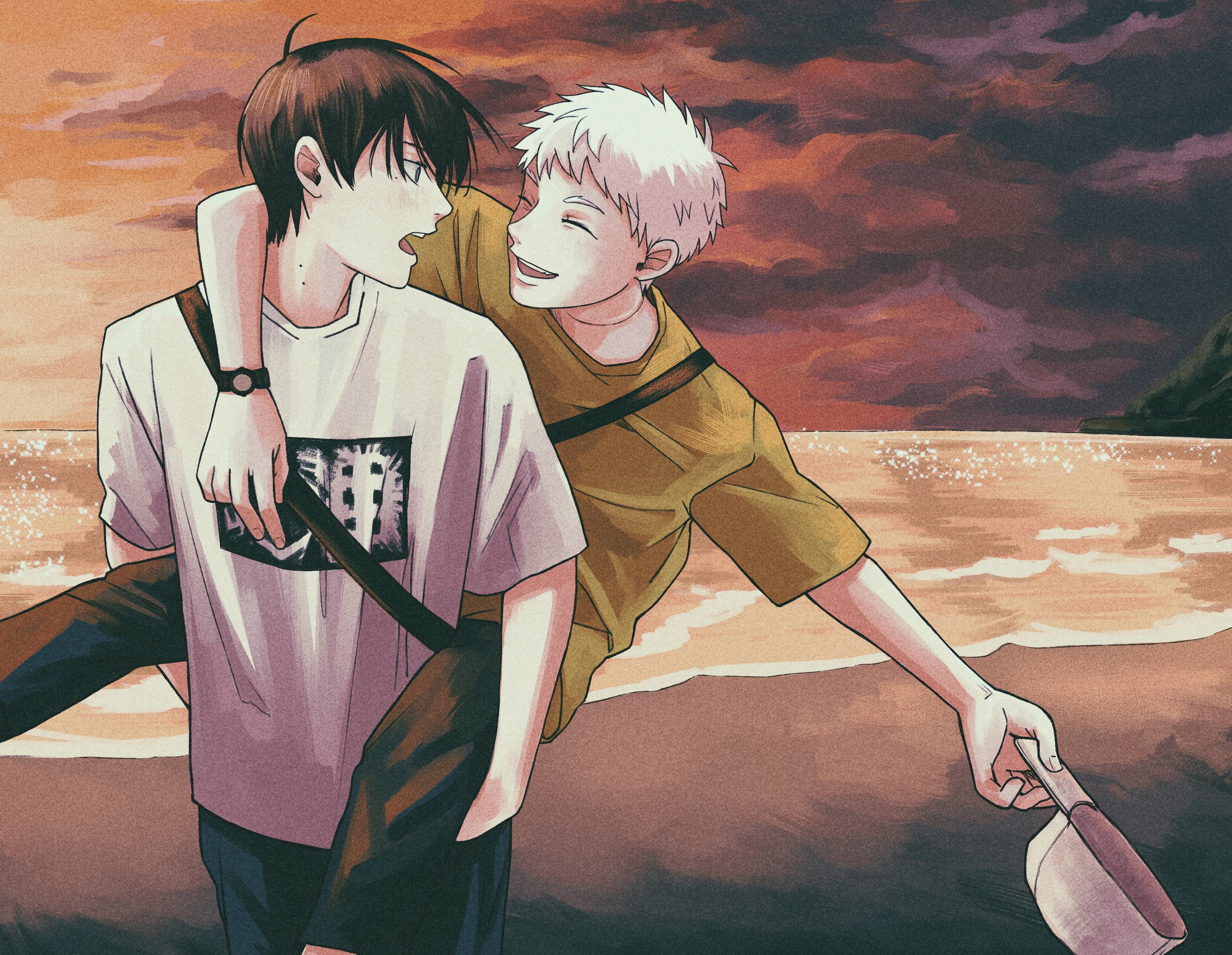 florbetriz, indou hikaru, tsujinaka yoshiki, hikaru ga shinda natsu, hashtag-only commentary, highres, 2boys, baseball cap, beach, black hair, black pants, carrying, closed mouth, cloud, cloudy sky, crossbody bag, evening, hat, holding, holding unworn clothes, holding unworn hat, looking at another, male focus, mole, mole on neck, mole under eye, multiple boys, multiple moles, ocean, official alternate costume, open mouth, pants, piggyback, shirt, short hair, short sleeves, sky, teeth, unworn hat, unworn headwear, upper teeth only, watch, white hair, white shirt, wristwatch, yaoi