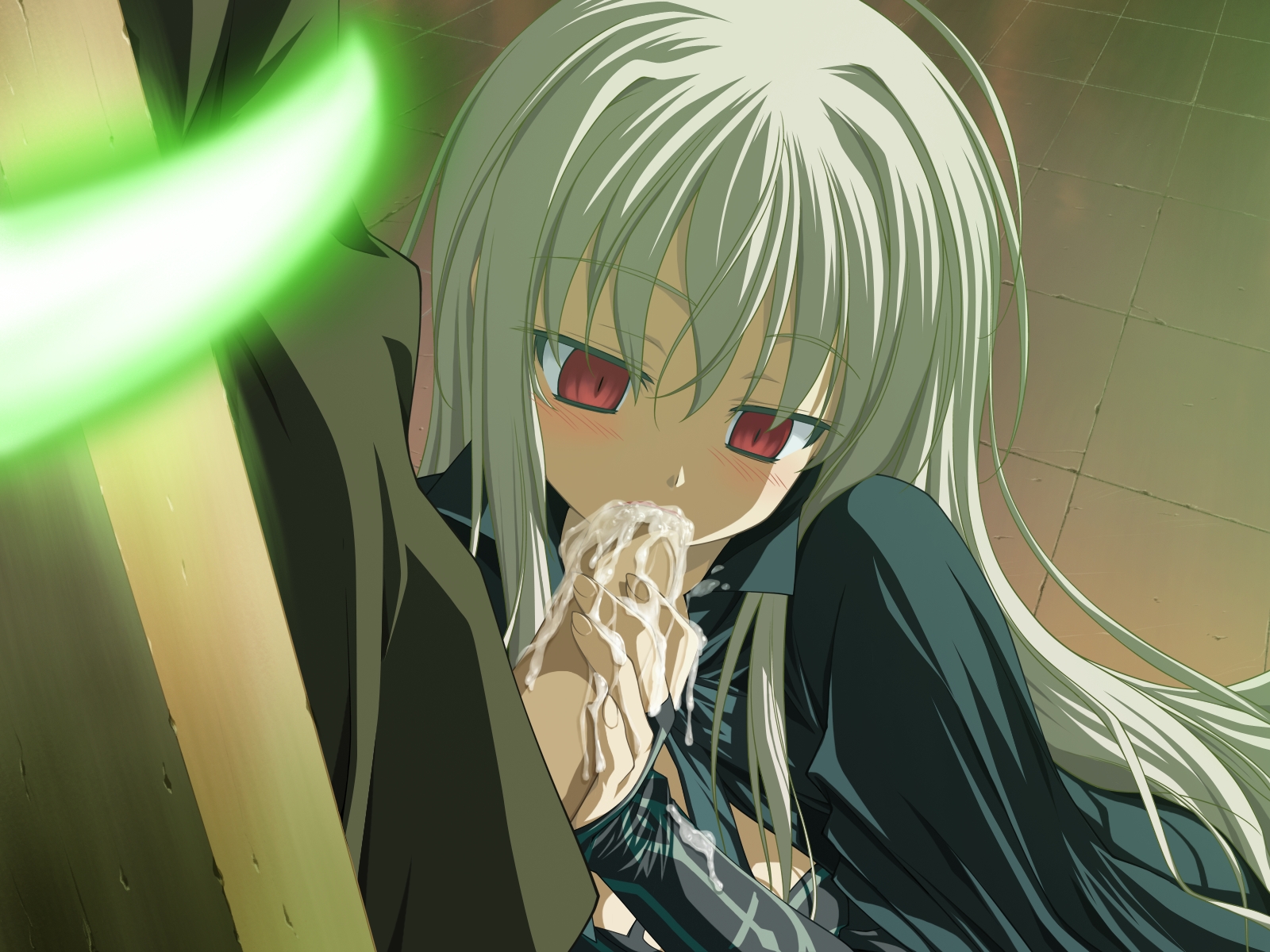 shida kazuhiro, flolium blosselliand, wiz anniversary, game cg, highres, 1girl, blush, bondage, bound, cum, cum in mouth, fellatio, long hair, oral, penis, rape, red eyes, solo focus, uncensored, white hair