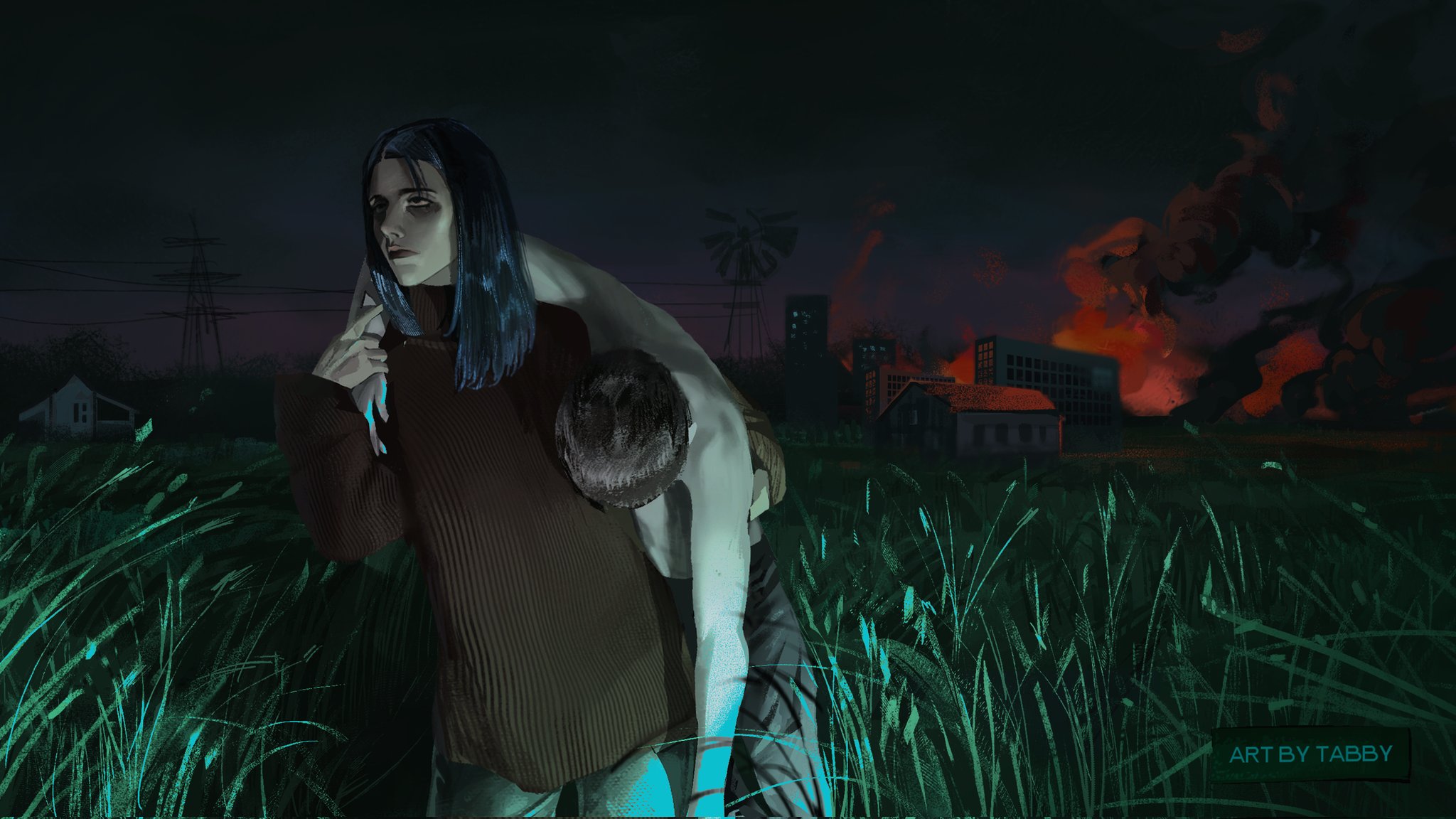 tabyretka16, widowed woman (no i'm not a human), no i'm not a human, highres, 1boy, 1girl, black hair, blue hair, brown sweater, building, carrying, carrying person, corpse, fire, grass, long hair, night, outdoors, serious, short hair, sweater, tall grass, topless male, turtleneck, turtleneck sweater