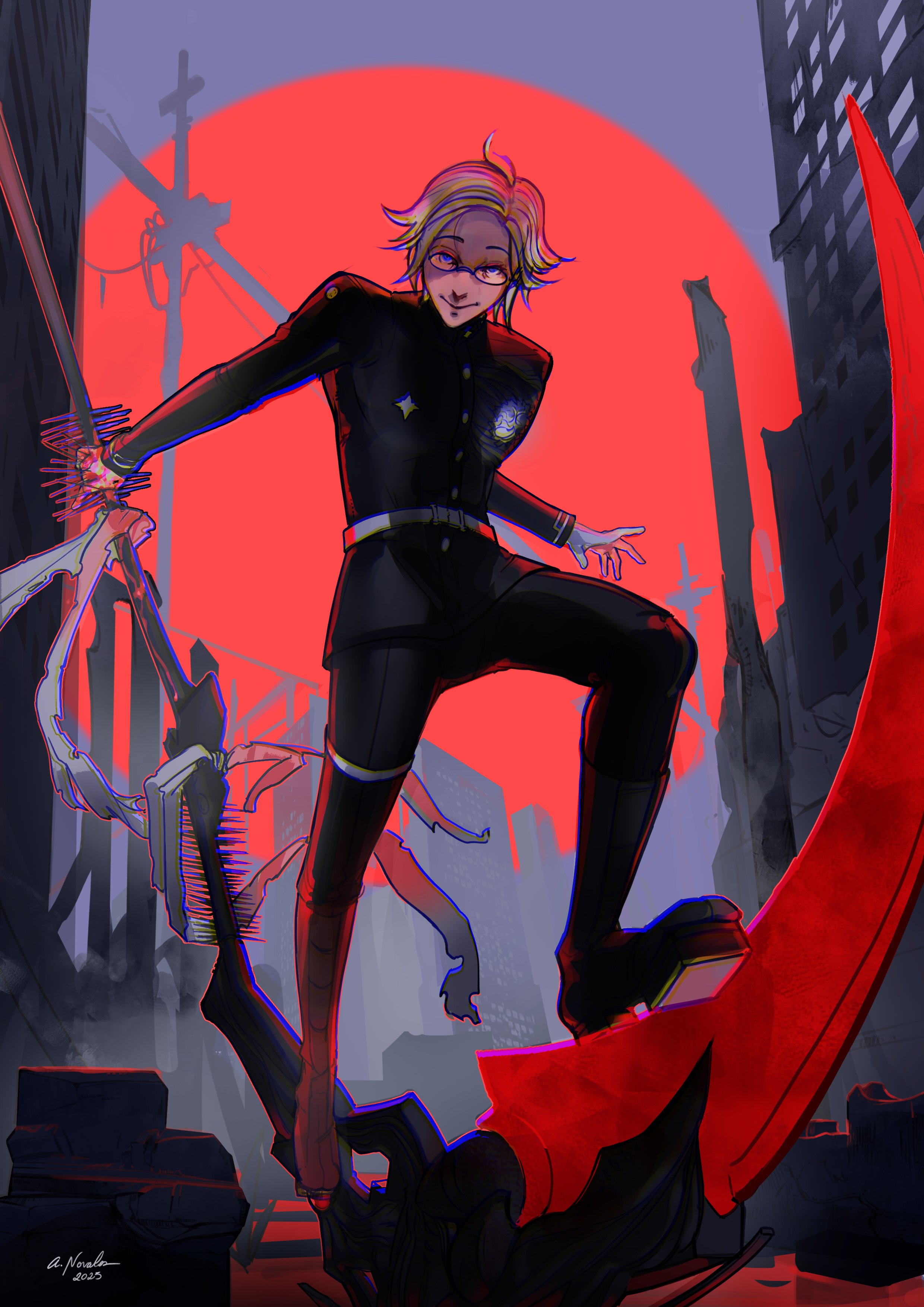 aotsuki eito, the hundred line -last defense academy-, absurdres, commentary, english commentary, highres, 1boy, airyn novales, black boots, black jacket, black pants, blood on gloves, boots, chromatic aberration, dated, gakuran, geta, glasses, gloves, grey hair, holding, holding scythe, jacket, last defense academy school uniform, looking at viewer, male focus, outdoors, pants, purple eyes, red sun, ruins, school uniform, scythe, short hair, signature, smile, solo, spikes, standing on weapon, weapon, white gloves
