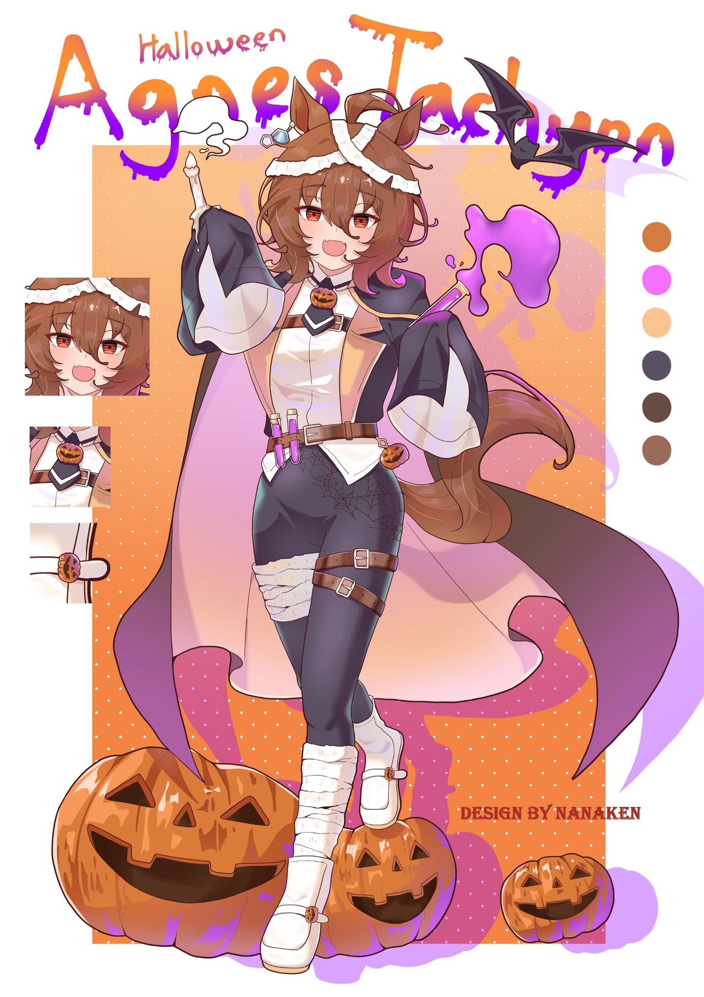 nanaken (qijian23092715), agnes tachyon (umamusume), umamusume, highres, 1girl, ahoge, alternate costume, animal ears, bandaged head, bandaged leg, bandages, bat (animal), belt, black cape, black jacket, black pants, blush, breasts, brown hair, cape, cork, earrings, english text, fangs, full body, hair between eyes, halloween, halloween costume, holding, holding test tube, horse ears, horse girl, horse tail, jack-o'-lantern, jacket, jewelry, long sleeves, looking at viewer, medium hair, necktie, open clothes, open jacket, open mouth, pants, pumpkin, red eyes, shirt, shoes, short necktie, silk, single earring, skin fangs, sleeves past fingers, sleeves past wrists, smile, socks, spider web, tail, test tube, thigh strap, white shirt, white socks