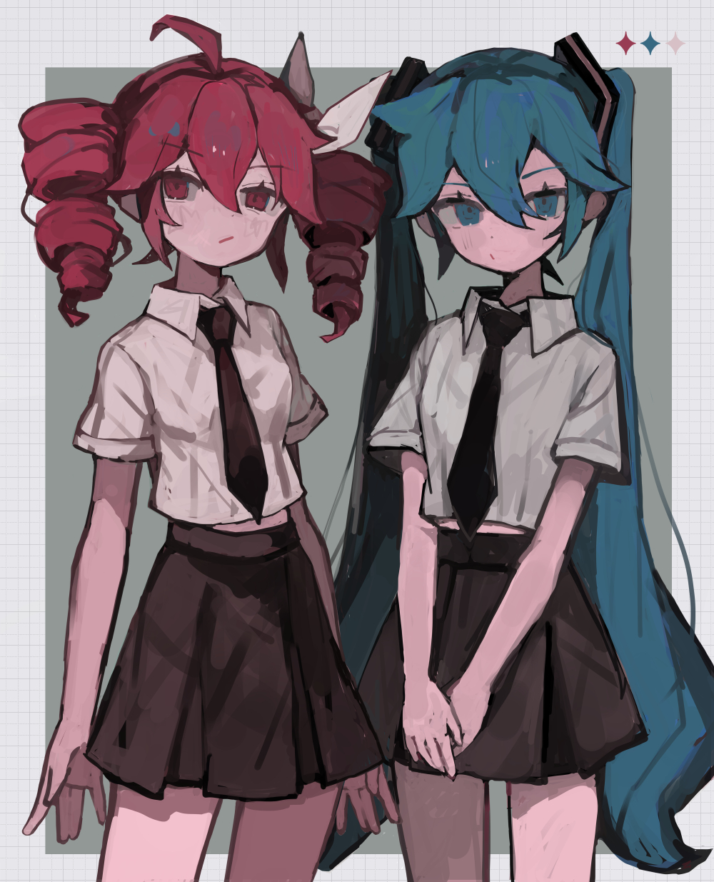 s1ho (ukiy0u0), hatsune miku, kasane teto, kasane teto (utau), utau, vocaloid, highres, 2girls, ahoge, alternate costume, black necktie, black skirt, blue eyes, blue hair, closed mouth, cowboy shot, drill hair, hair between eyes, long hair, looking at viewer, matching outfits, miniskirt, multiple girls, necktie, own hands together, puffy short sleeves, puffy sleeves, red eyes, red hair, shirt, short sleeves, skirt, standing, twin drills, twintails, v arms, very long hair, white shirt