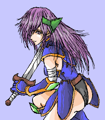faris scherwiz, final fantasy, final fantasy v, gender request, lowres, non-web source, 1990s (style), androgynous, knight, oekaki, purple eyes, purple hair, retro artstyle, reverse trap, solo, sword, weapon