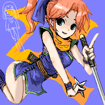 lenna charlotte tycoon, ninja (final fantasy), final fantasy, final fantasy v, lowres, non-web source, 1990s (style), 1girl, female focus, ninja, oekaki, pink hair, retro artstyle, shuriken, solo, sword, weapon