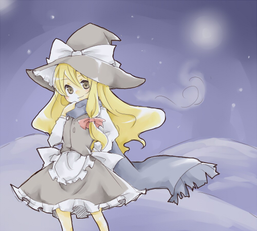 tsk, kirisame marisa, perfect cherry blossom, touhou, bad id, bad pixiv id, lowres, 1girl, blonde hair, dress, female focus, gradient background, hat, outdoors, ribbon, scarf, sky, snow, solo, witch, witch hat