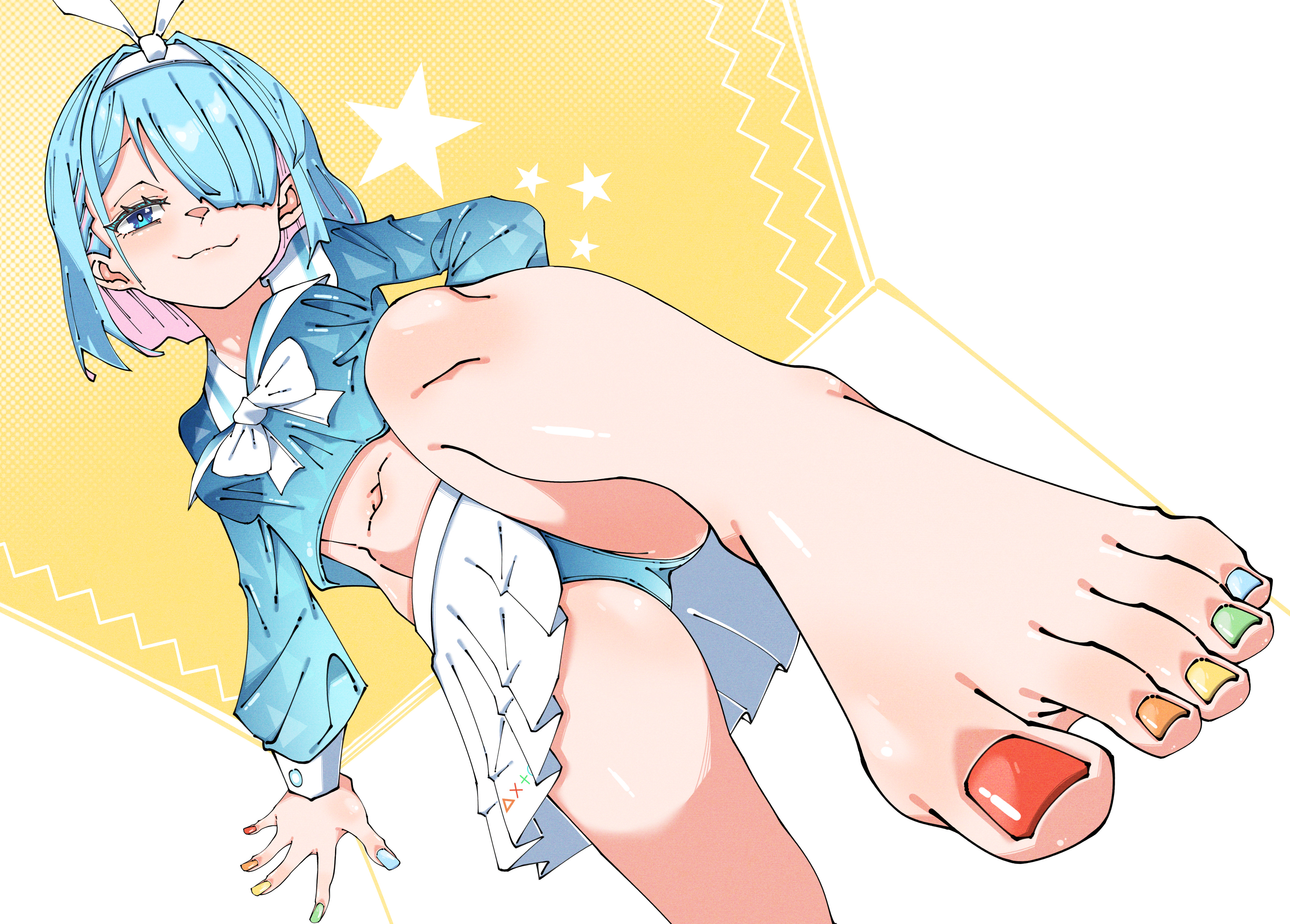 shun zhi yuanwei no pangci, arona (blue archive), blue archive, absurdres, highres, 1girl, barefoot, blue eyes, blue hair, feet, hair over one eye, looking at viewer, medium hair, nail polish, panties, pantyshot, smile, toenail polish, toenails, toes, underwear, upskirt