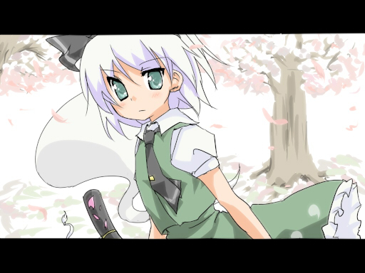 tsk, konpaku youmu, konpaku youmu (ghost), touhou, bad id, bad pixiv id, 1girl, cherry blossoms, female focus, hitodama, katana, letterboxed, necktie, short hair, solo, sword, tree, weapon, white hair