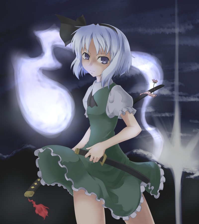 toritora, konpaku youmu, konpaku youmu (ghost), touhou, bad id, bad pixiv id, 1girl, female focus, flower, hitodama, katana, ribbon, short hair, solo, sword, weapon