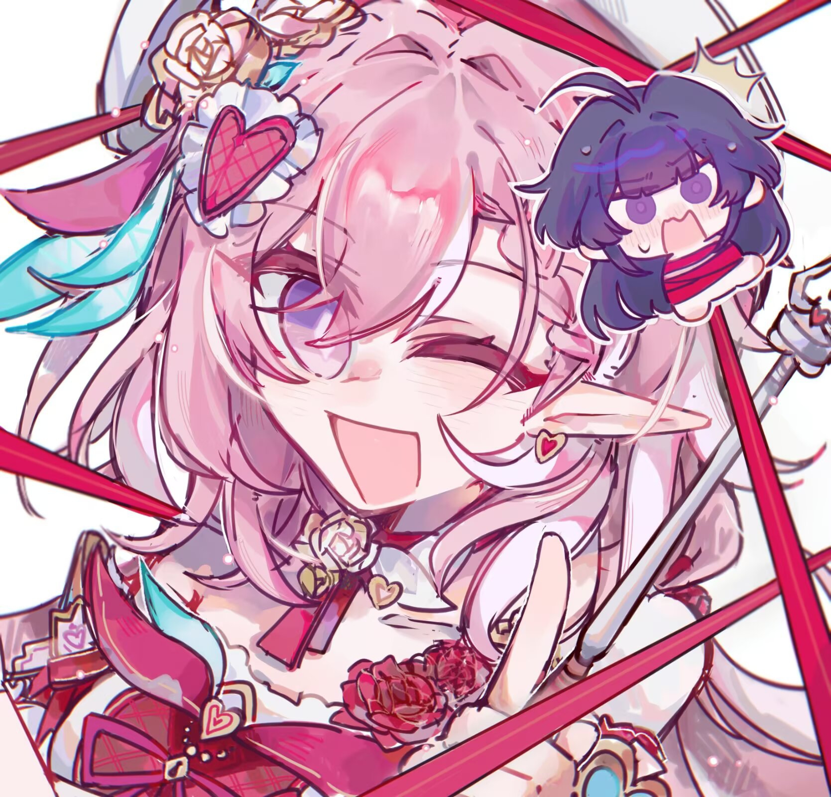bilizinger, elysia (hi love elf) (honkai impact), elysia (honkai impact), raiden mei, honkai (series), honkai impact 3rd, chinese commentary, commentary request, highres, 2girls, ;o, ahoge, beret, bound, chibi, dated, dress, earrings, elf, hat, heart, heart earrings, jewelry, long hair, multiple girls, one eye closed, open mouth, pink hair, pointy ears, purple eyes, purple hair, red dress, sweatdrop, tied up (nonsexual), upper body, very long hair, yuri