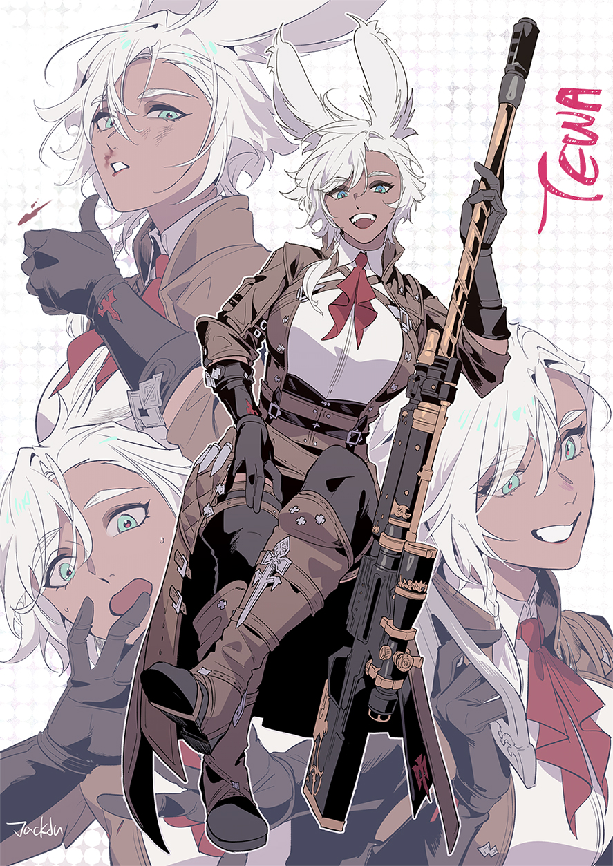 byuub, machinist (final fantasy), final fantasy, final fantasy xiv, original, highres, 1girl, animal ears, ascot, black gloves, braid, breasts, brown coat, character name, coat, collared shirt, dark-skinned female, dark skin, gloves, green eyes, grin, gun, hair between eyes, large breasts, looking at viewer, multiple views, rabbit ears, rabbit girl, red ascot, rifle, scope, shirt, short hair, signature, smile, sniper rifle, spitting, spitting blood, sweat, tewa (byuub), viera, weapon, white background, white hair, white shirt