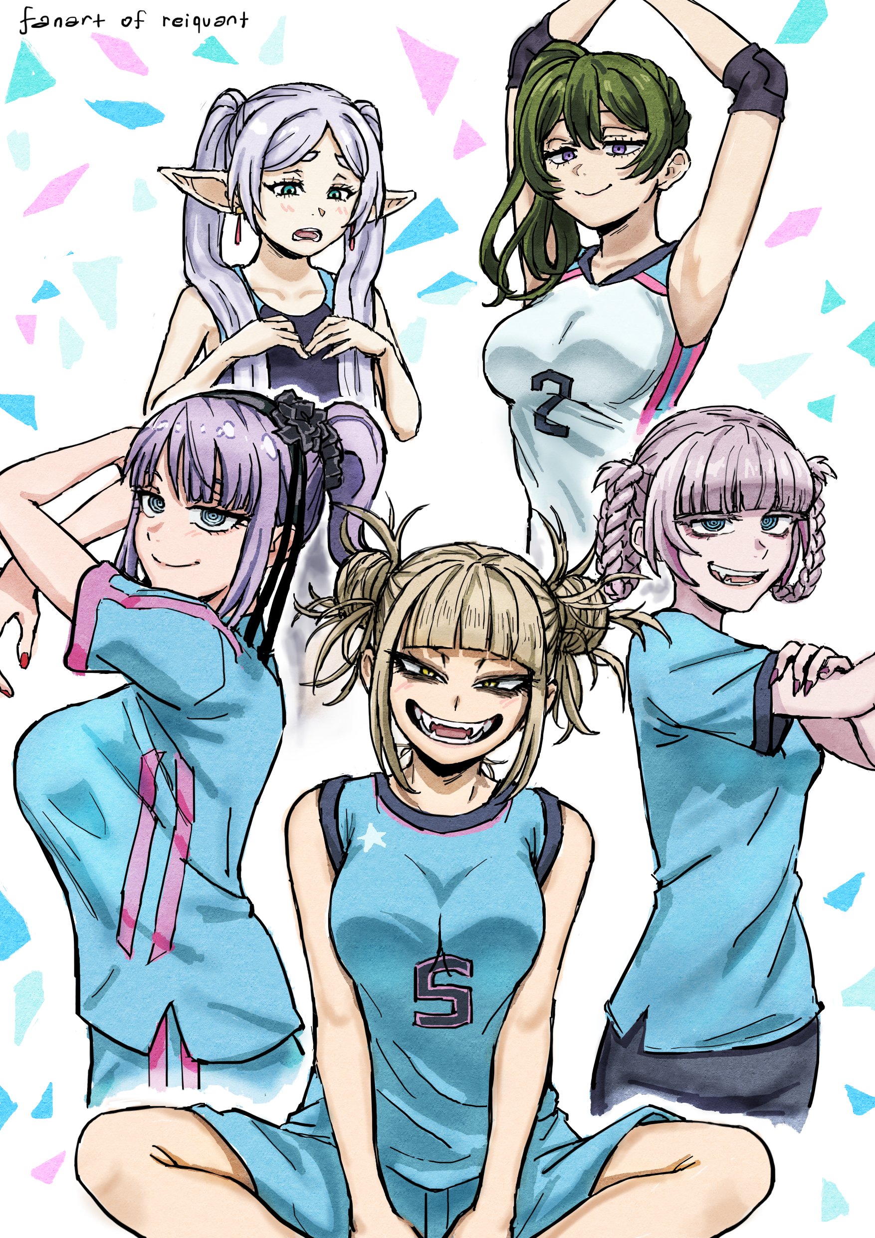 reiquant, frieren, nanakusa nazuna (yofukashi no uta), shidare hotaru, toga himiko, ubel (sousou no frieren), boku no hero academia, dagashi kashi, sousou no frieren, yofukashi no uta, absurdres, highres, armpits, blonde hair, breasts, fangs, green hair, large breasts, medium breasts, purple hair, small breasts, sportswear
