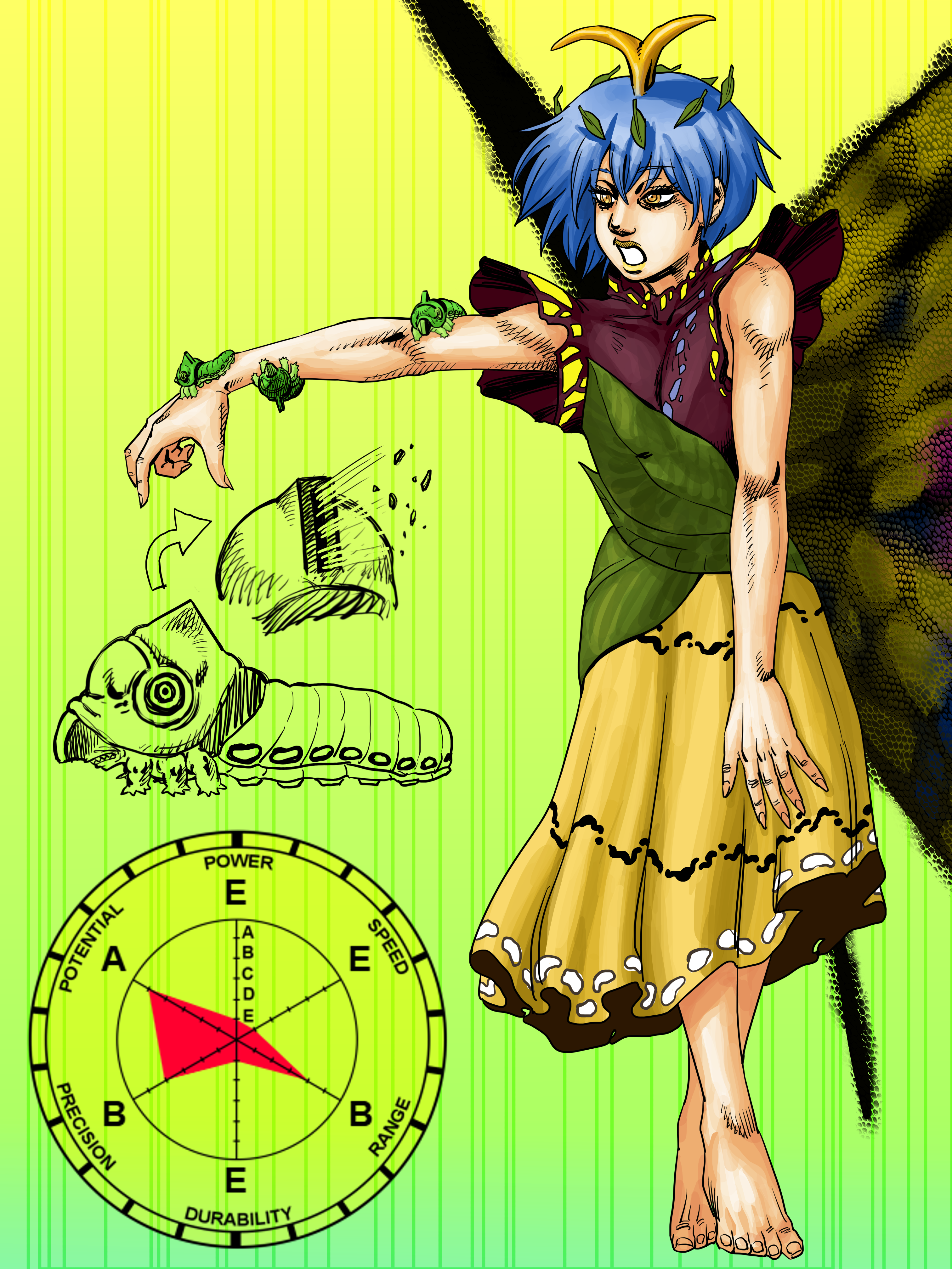 eddybird55555, eternity larva, blue archive, jojo no kimyou na bouken, touhou, absurdres, highres, 1girl, antennae, araki hirohiko (style), arthropod girl, barefoot, black shirt, bug, butterfly wings, caterpillar, full body, green background, insect wings, leaf, leaf on head, parody, shirt, short hair, short sleeves, skirt, stand (jojo), style parody, wings, yellow eyes, yellow skirt