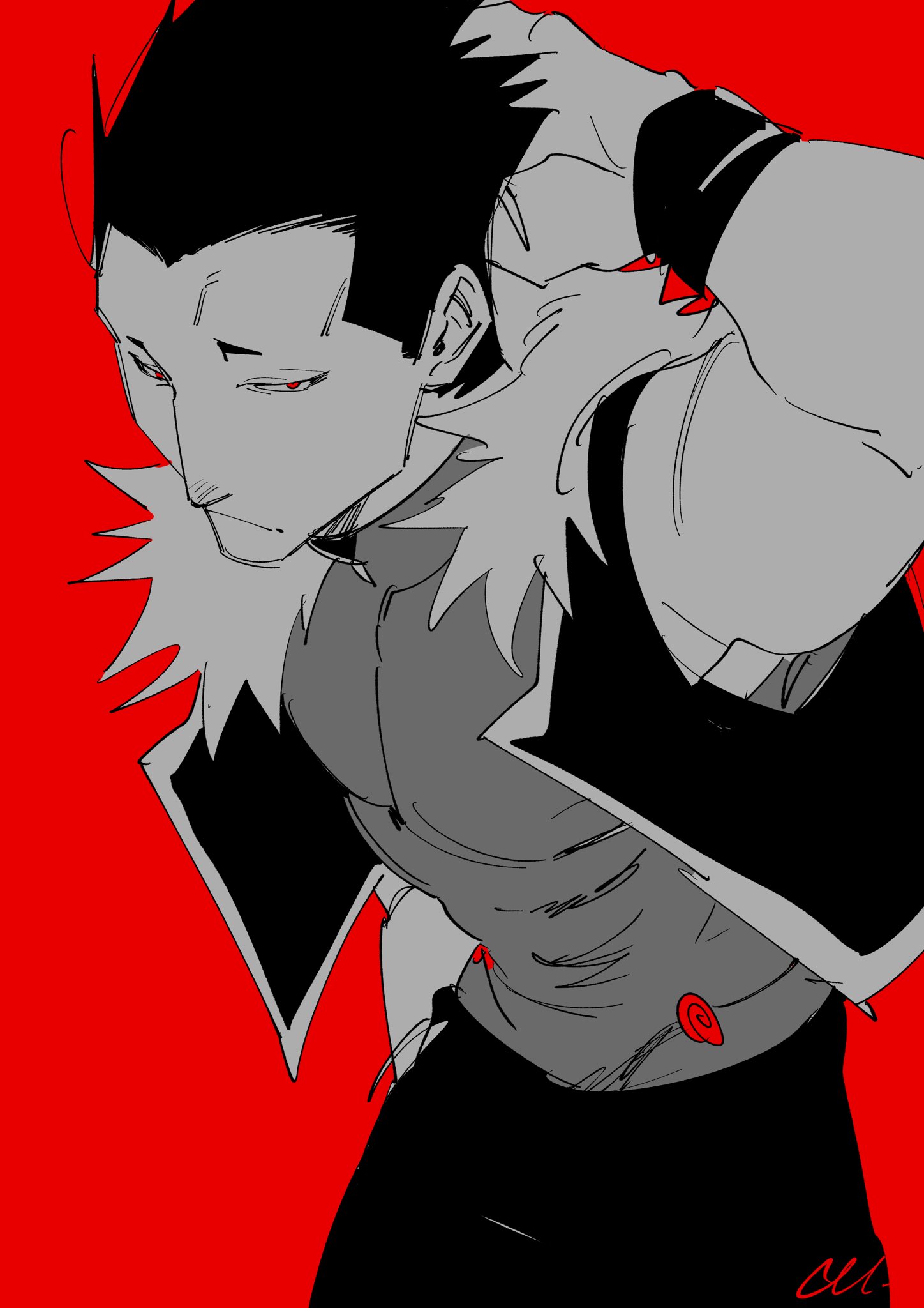 greed (fma), fullmetal alchemist, commentary request, highres, 1boy, arm up, bracelet, closed mouth, covered abs, covered pectorals, fur-trimmed vest, fur trim, jewelry, looking to the side, male focus, noripiyo 419, pants, pectorals, red background, red eyes, shirt, short hair, signature, simple background, sketch, sleeveless, sleeveless shirt, sleeveless turtleneck, solo, spot color, toned, toned male, turtleneck, vest, widow's peak