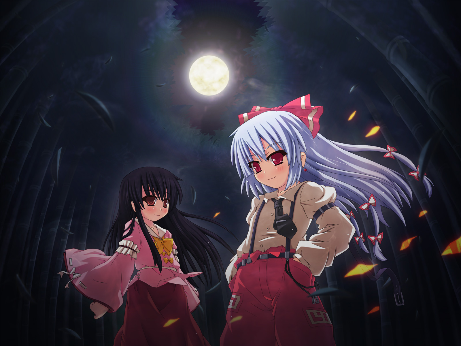 etogami kazuya, fujiwara no mokou, houraisan kaguya, touhou, highres, 2girls, bamboo, bamboo forest, earrings, female focus, forest, full moon, jewelry, moon, multiple girls, nature, necktie, night, outdoors, plant, ribbon, sky, standing, suspenders