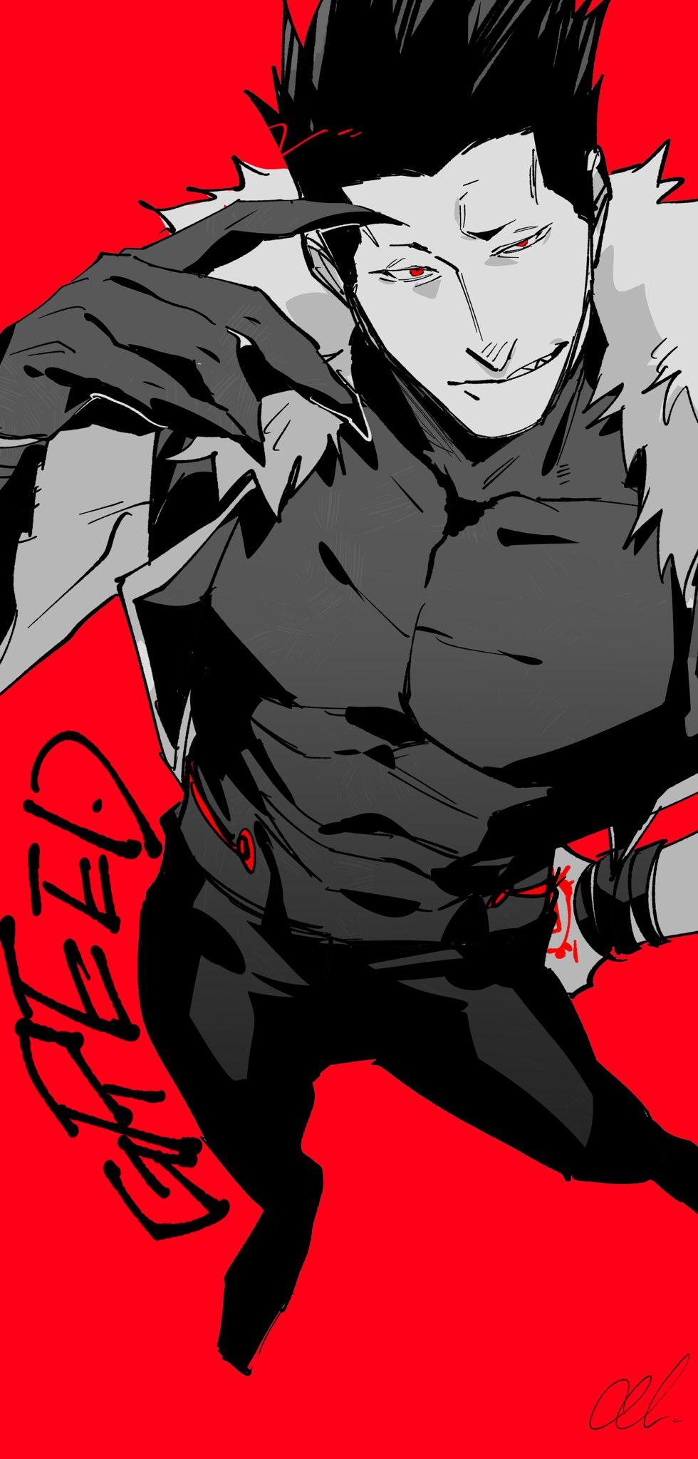 greed (fma), fullmetal alchemist, commentary, english commentary, highres, 1boy, black shirt, character name, claws, colored extremities, contrapposto, covered abs, covered collarbone, covered pectorals, fur-trimmed vest, fur trim, grin, hand on own hip, hand tattoo, looking at viewer, male focus, noripiyo 419, pants, pectorals, red eyes, sharp teeth, shirt, shoes, short hair, skin tight, sleeveless, sleeveless turtleneck, smile, solo, tattoo, teeth, turtleneck, vest, widow's peak