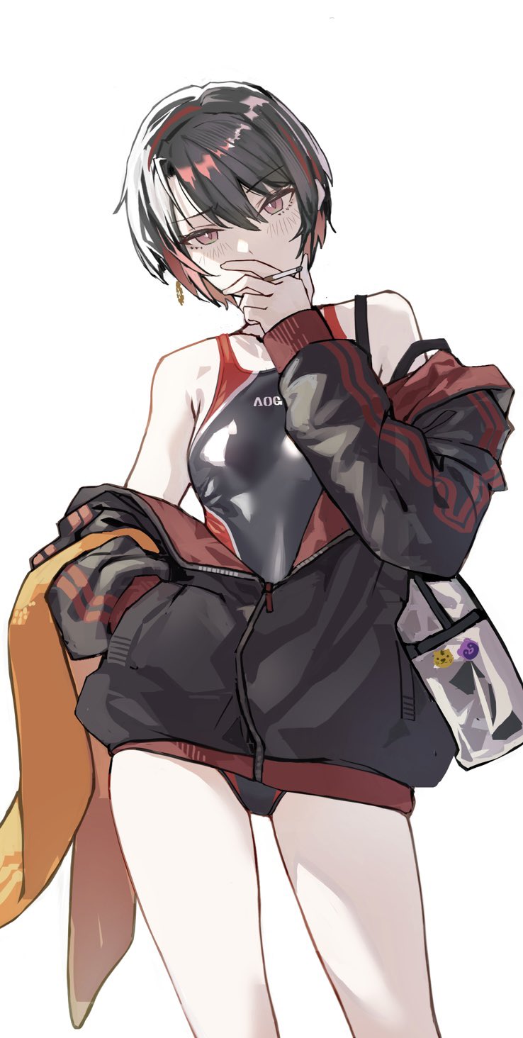 fujita (condor), tsukiyuki ibuki, aogiri koukou, commentary request, highres, 1girl, bag, black hair, black jacket, black one-piece swimsuit, cigarette, competition swimsuit, cowboy shot, hand in pocket, jacket, looking at viewer, multicolored hair, off shoulder, one-piece swimsuit, partially unzipped, pink eyes, red hair, short hair, simple background, smoking, solo, swimsuit, two-tone hair, virtual youtuber, white background